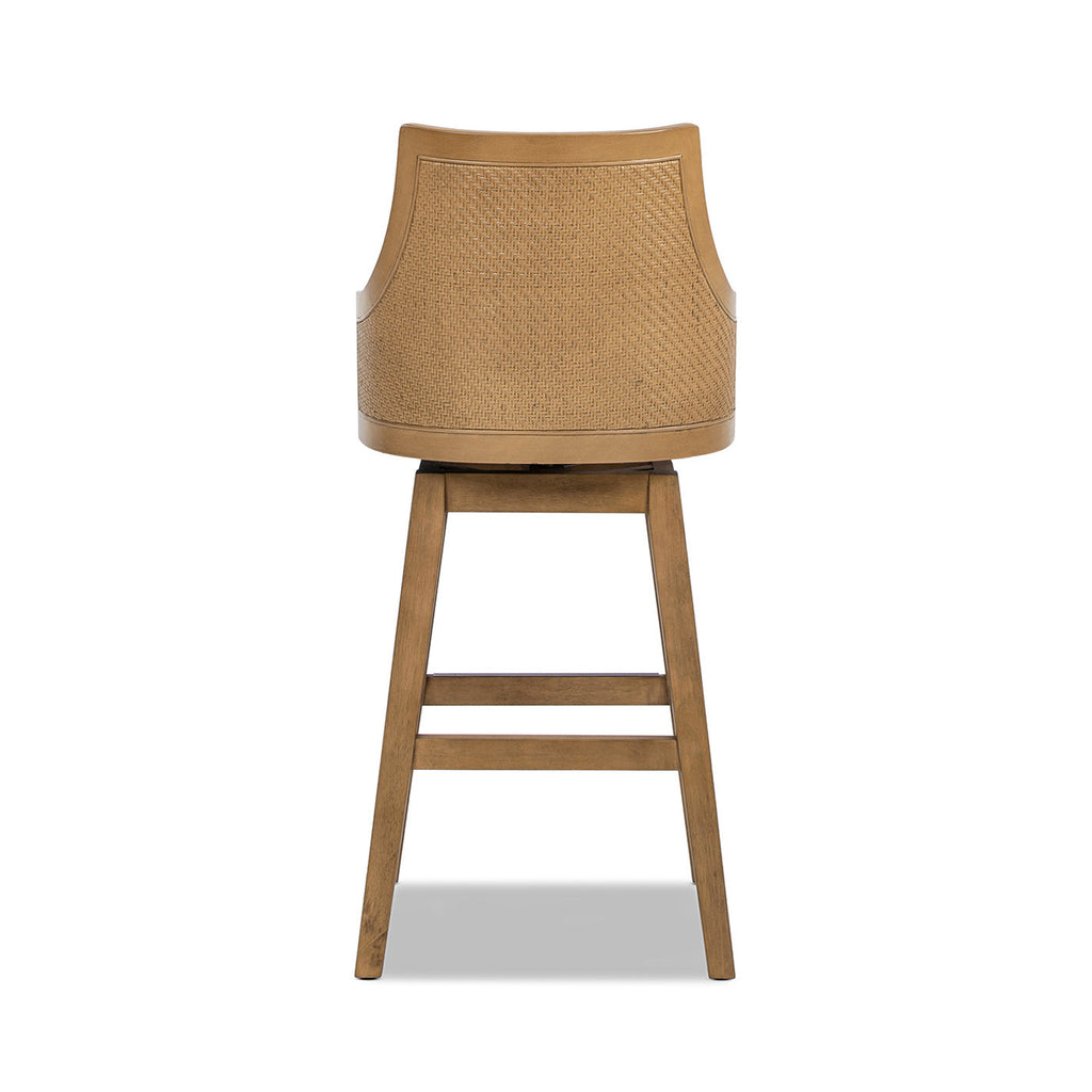 Bahama 30' Cane Rattan High-Back Swivel Bar Stool with Recessed Arms, Two-Tone Neutral Gray Polyester Wool Blend