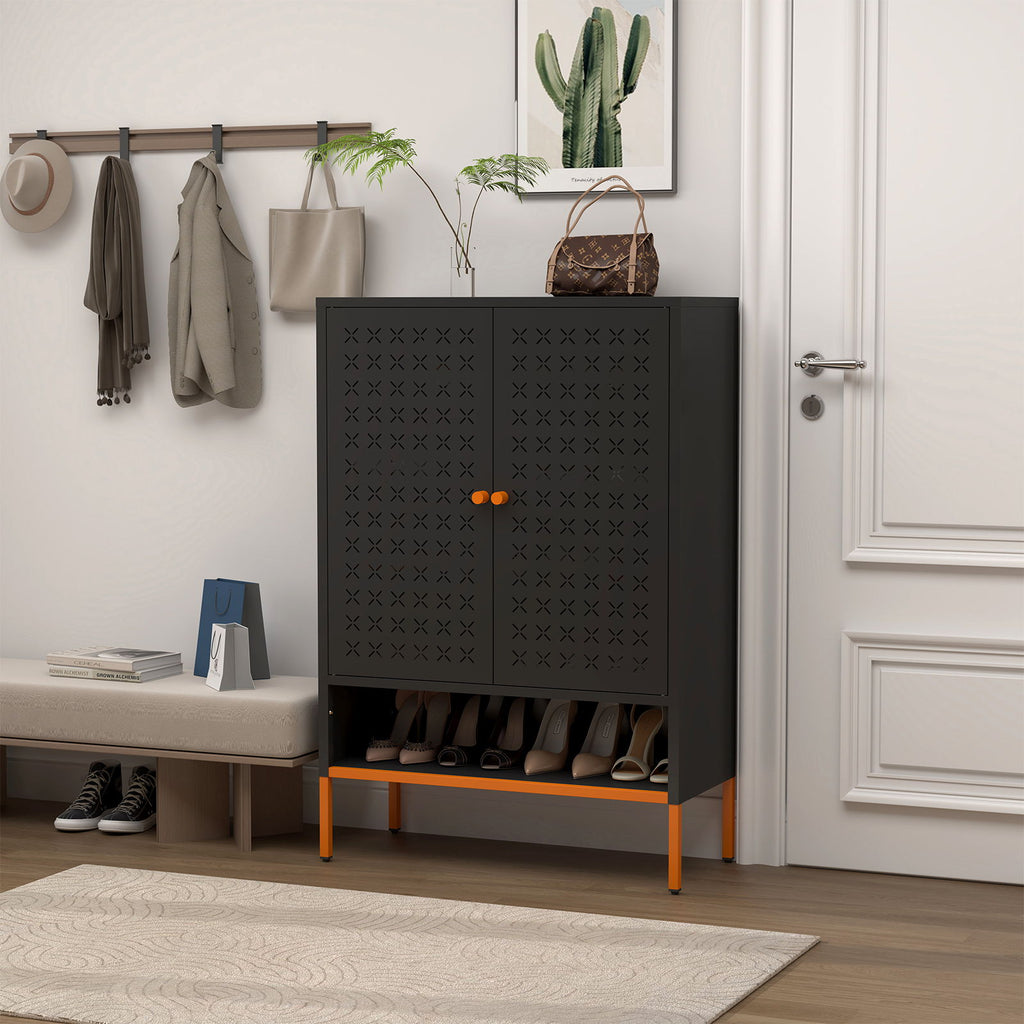 Grid Double Door Shoe Cabinet With Adjustable Compartments and Moisture-Proof Design