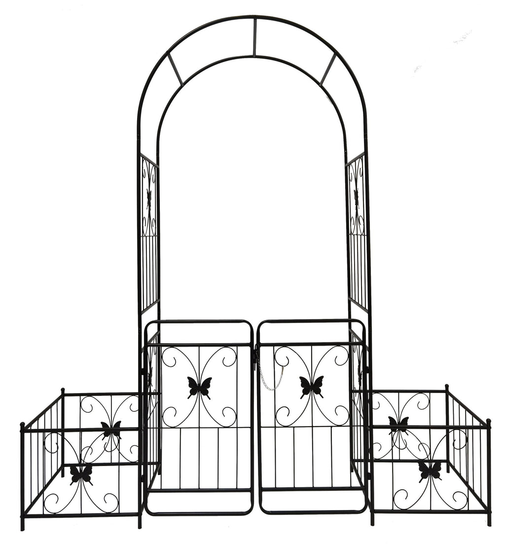 Metal Garden Arch With Gate High Climbing Plants Support Rose Arch Outdoor - Black