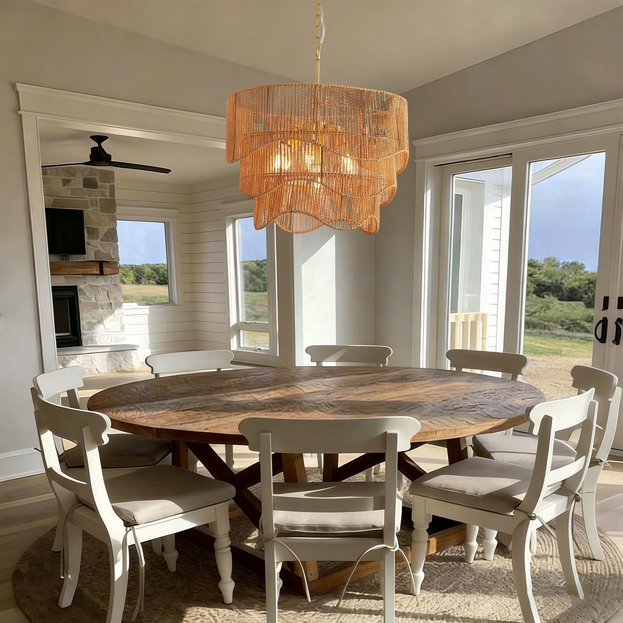 Handwoven Paper Rattan Boho Chandelier with 7-Light E26 Base
