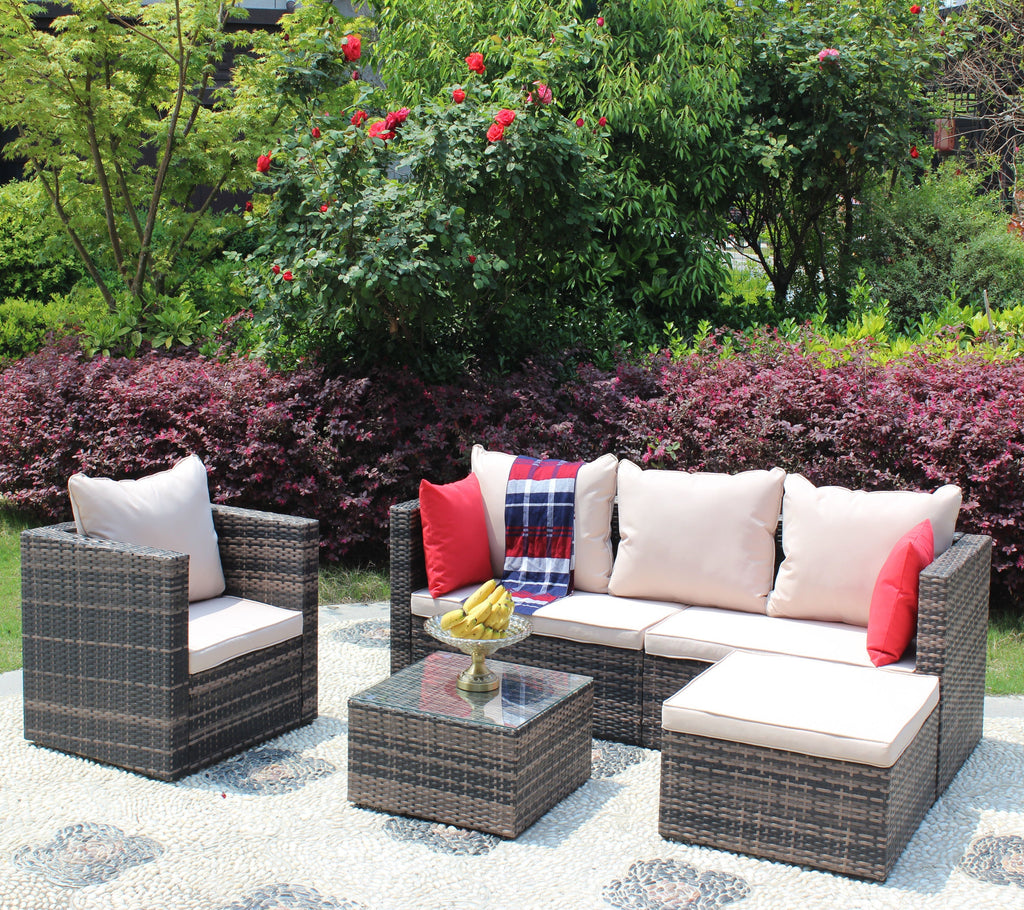Rattan Patio Furniture Set Wicker Sofa Cushioned Sectional (4 Pieces, Brown)