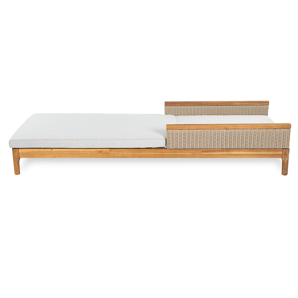 Solid Acacia Wood Sun Lounger with Grey Cushions and Light Grey Wicker