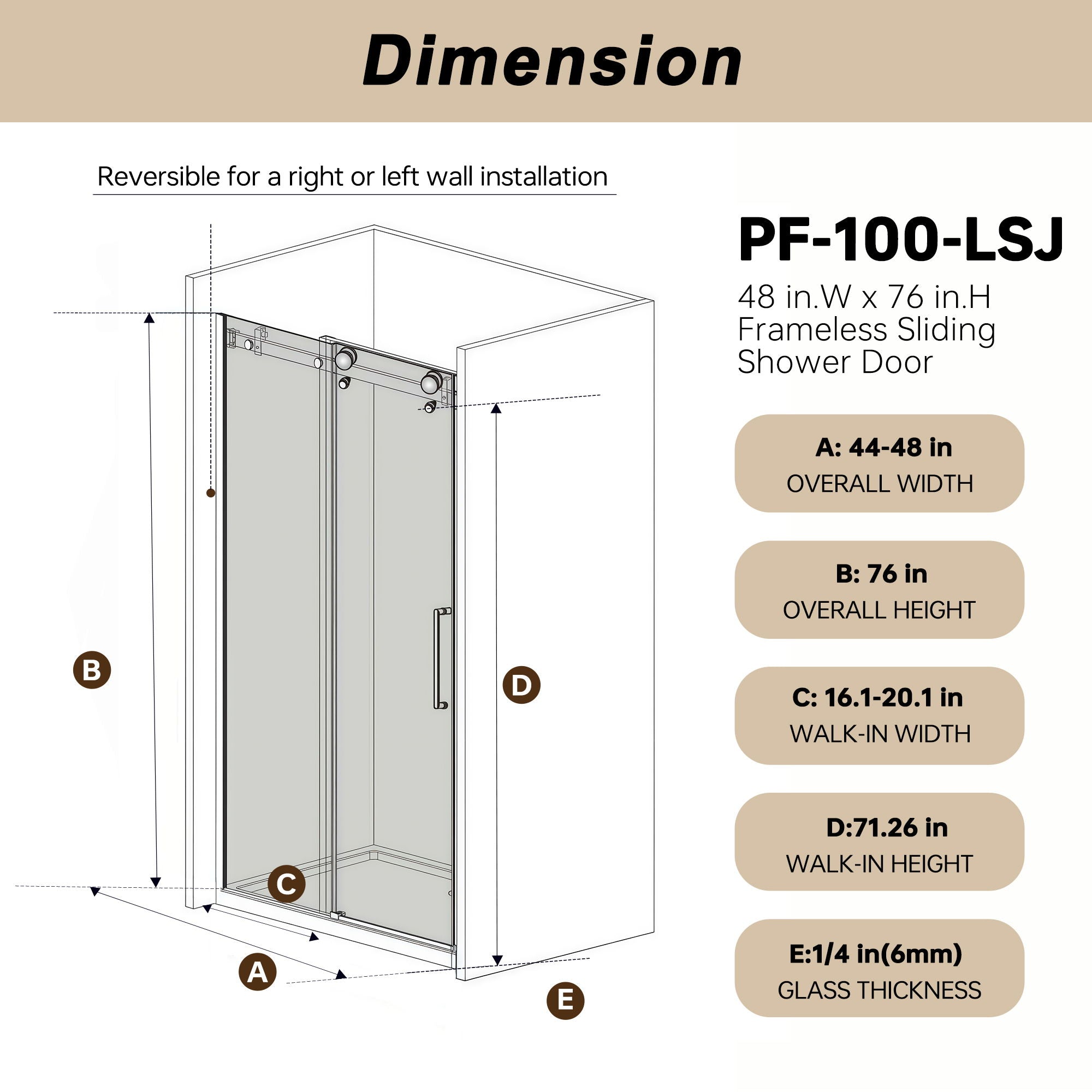 Frameless Single Sliding Shower Door With Handle And Square Tube Track