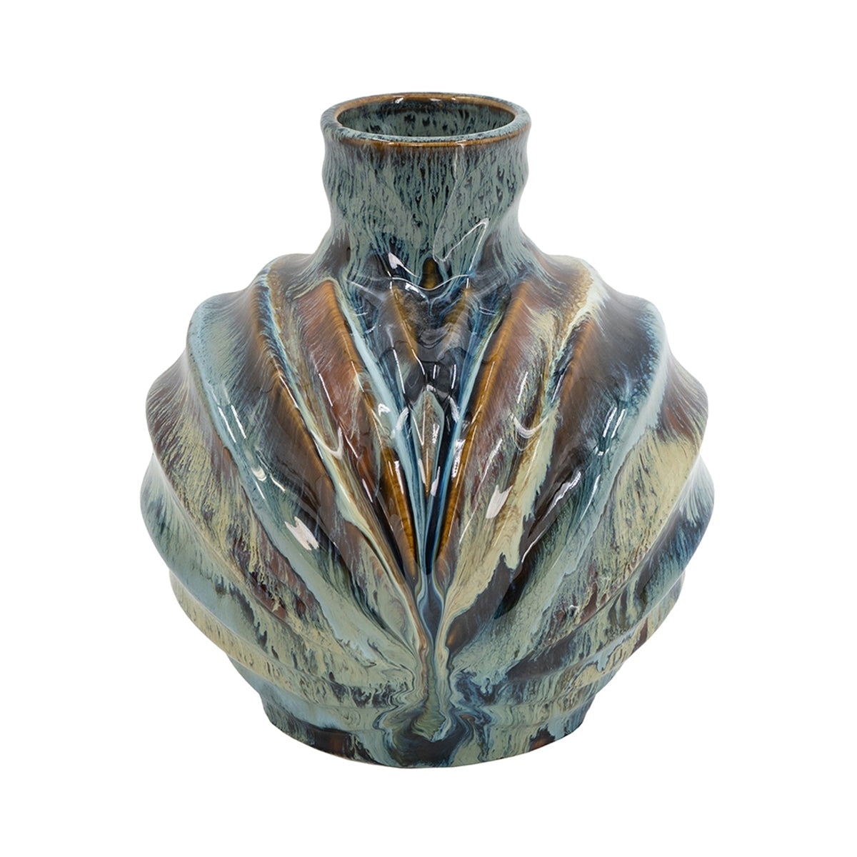 9.4x9.4x11" Blue and Brown Reactive Glazed Accent Vase