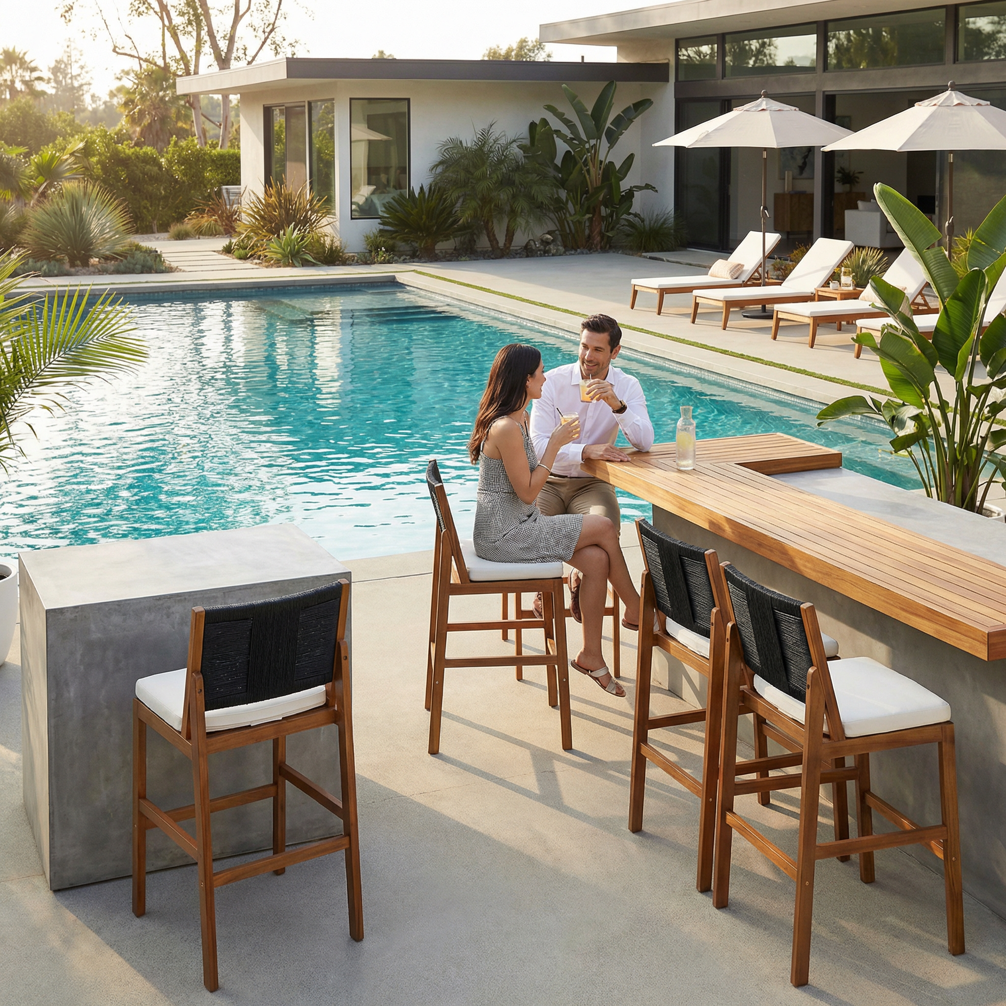 4 Pieces Arly Black Outdoor Bar Stool Solid Acacia Wood and Woven Wicker