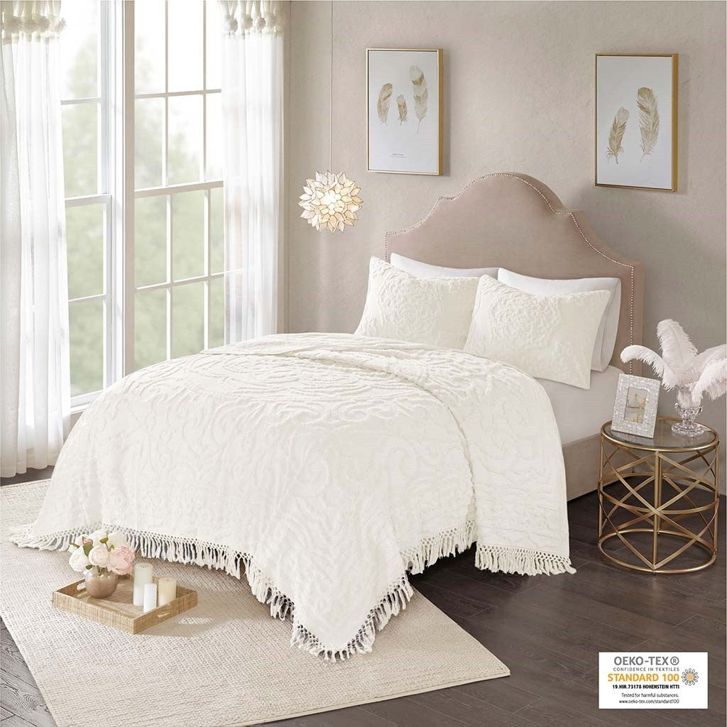 Tufted Cotton Chenille Medallion Fringe Coverlet Mini Set - Off-White