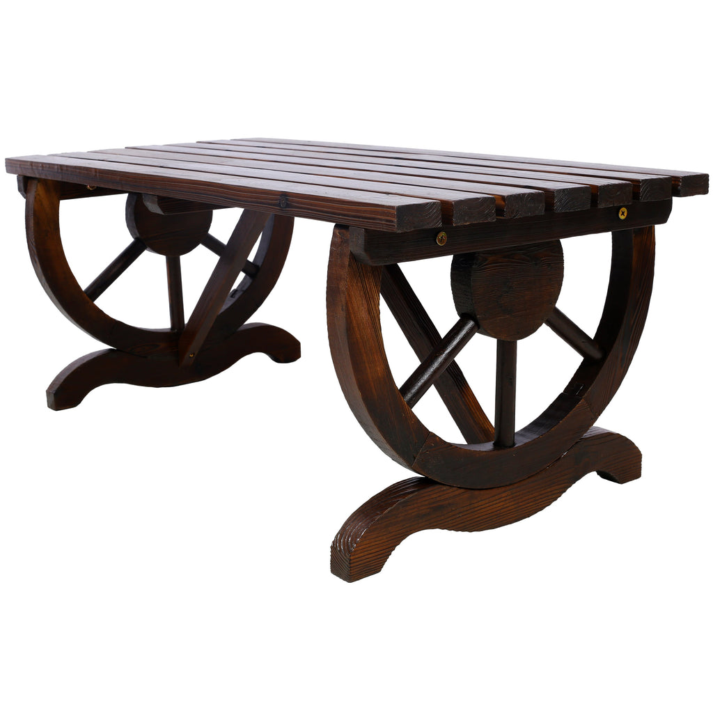 Outdoor Rustic Wooden Bench with Wagon Wheel Legs