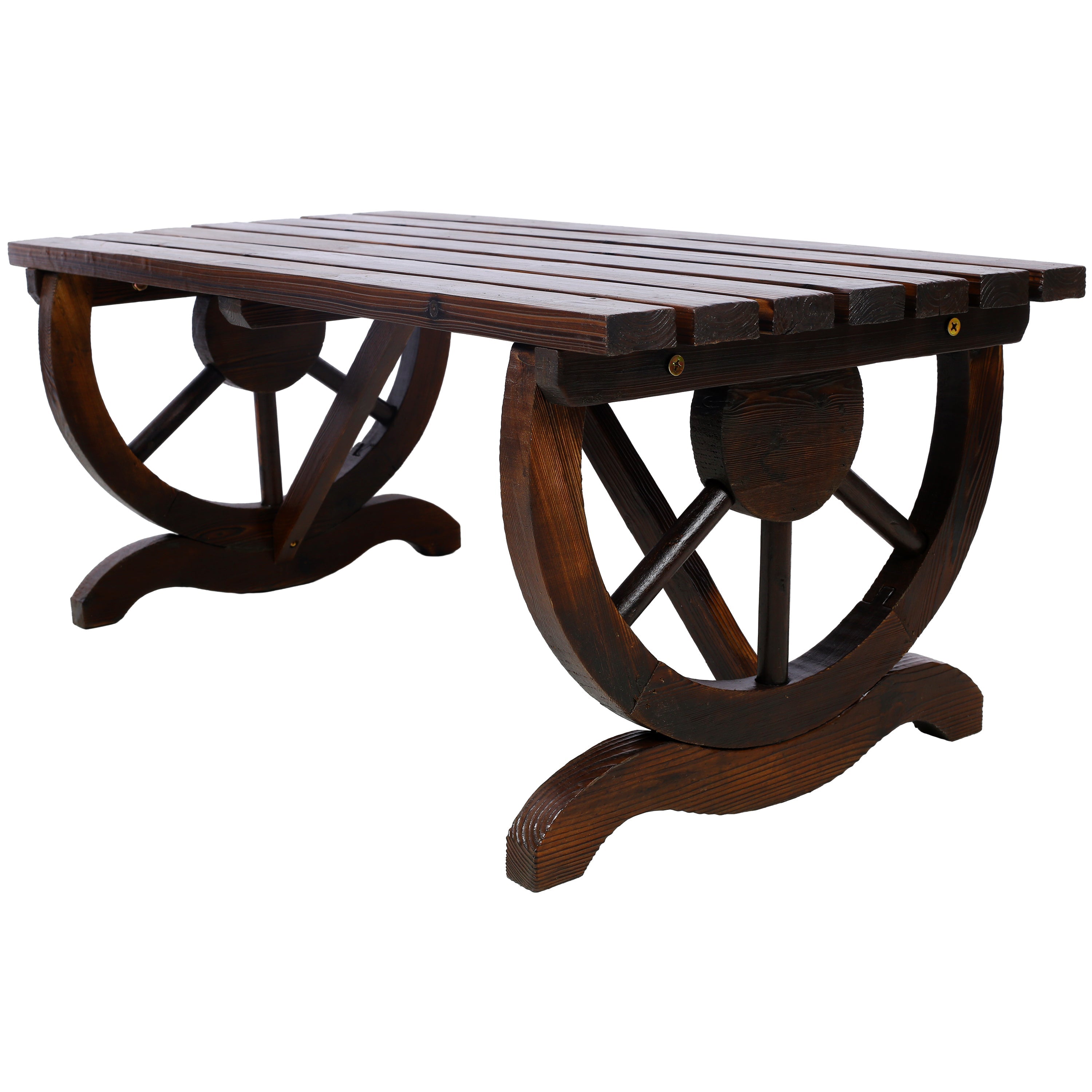 Outdoor Rustic Wooden Bench with Wagon Wheel Legs