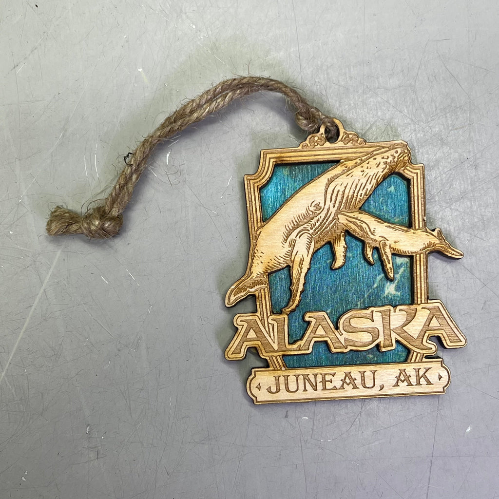 (2 PACK) Whale Family Laser Cut Wood Collectable Ornament Juneau Alaska Souvenir