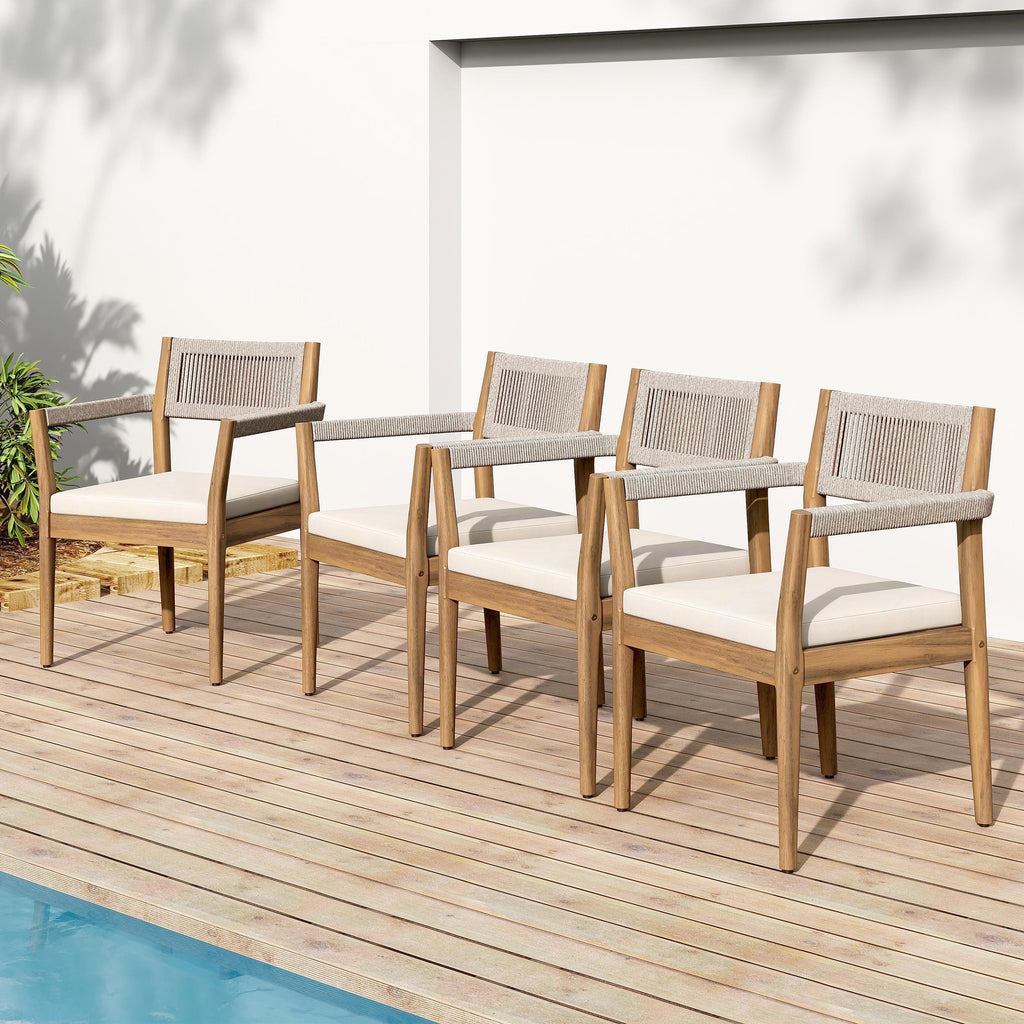 Braided Acacia Wood Outdoor Dining Chairs Set of 4 – Teak Look with Beige Rope & Cream Cushions