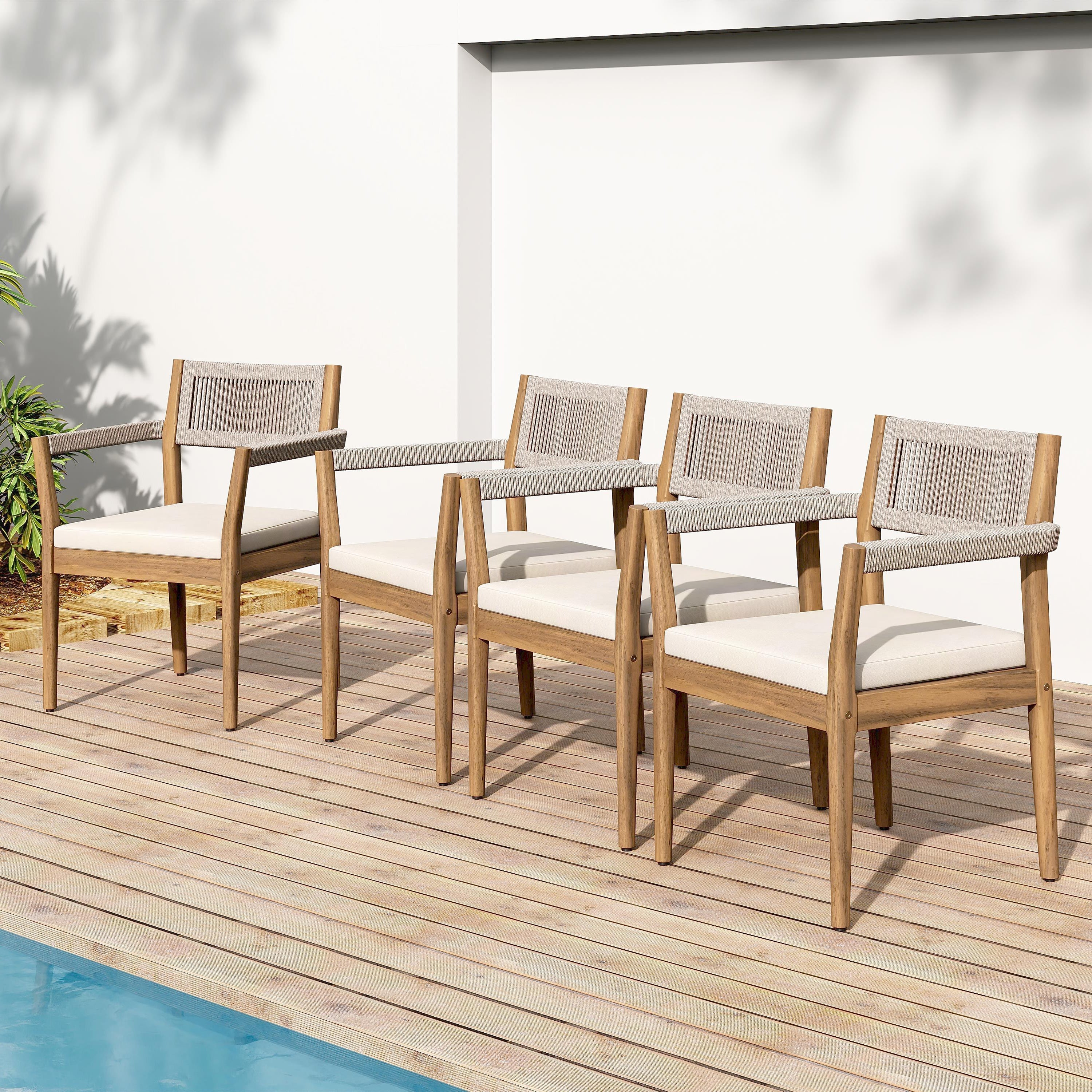Braided Acacia Wood Outdoor Dining Chairs Set of 4 – Teak Look with Beige Rope & Cream Cushions