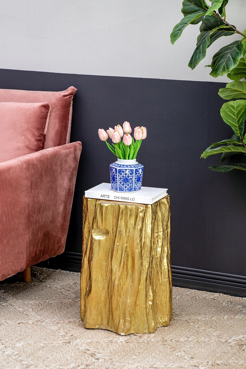 Unique Golden Tree Trunk Stool with Antique Gold Distressed Finish
