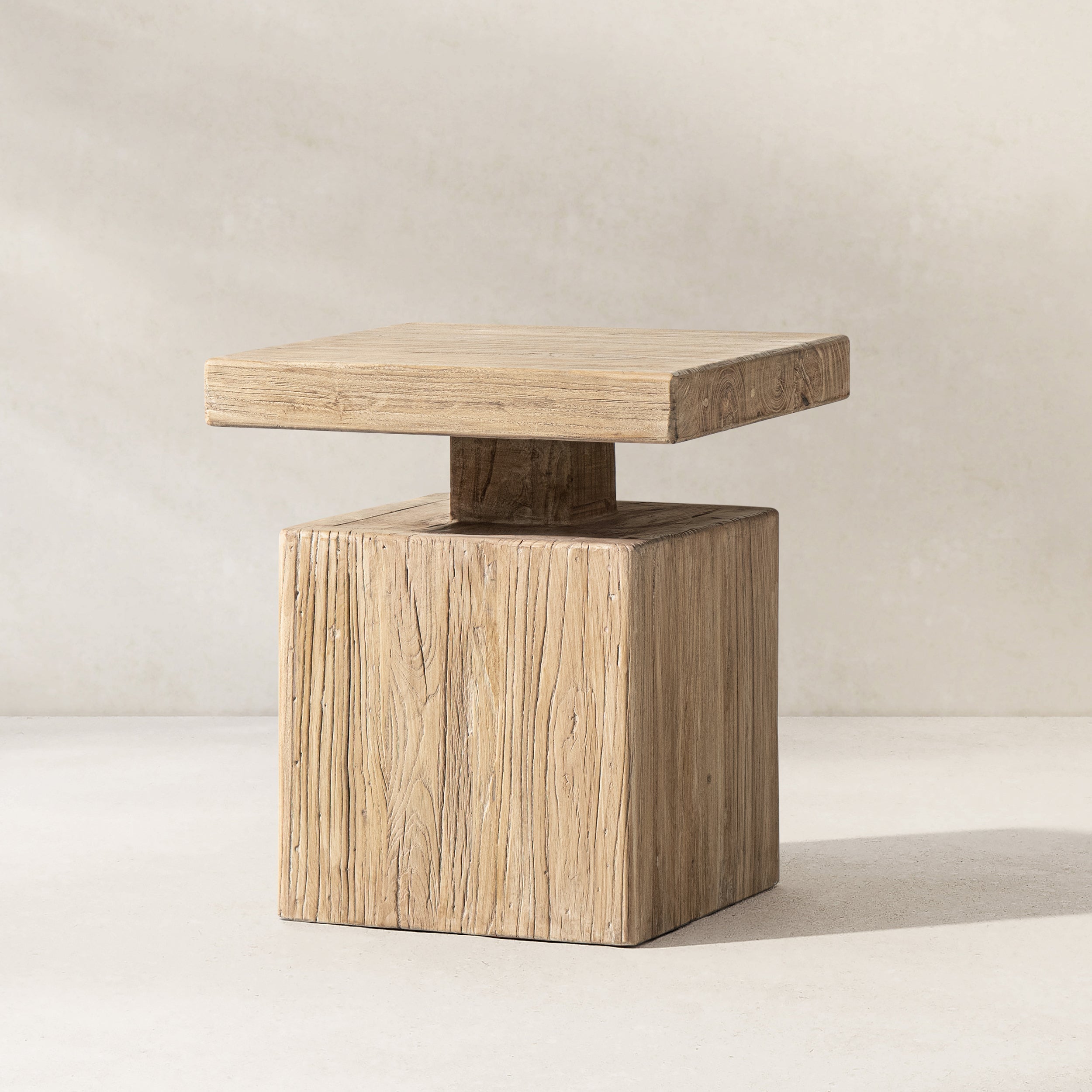 Calder 18' Solid Square Reclaimed Elm Block Plinth Side Table, Heritage Light Natural Brown