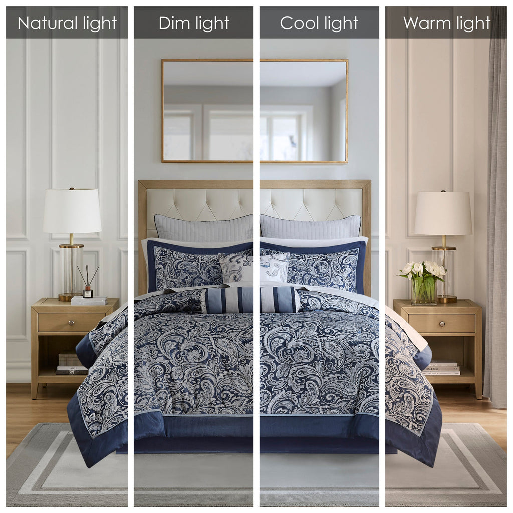 12 Piece Comforter Set with Cotton Bed Sheets Navy Queen