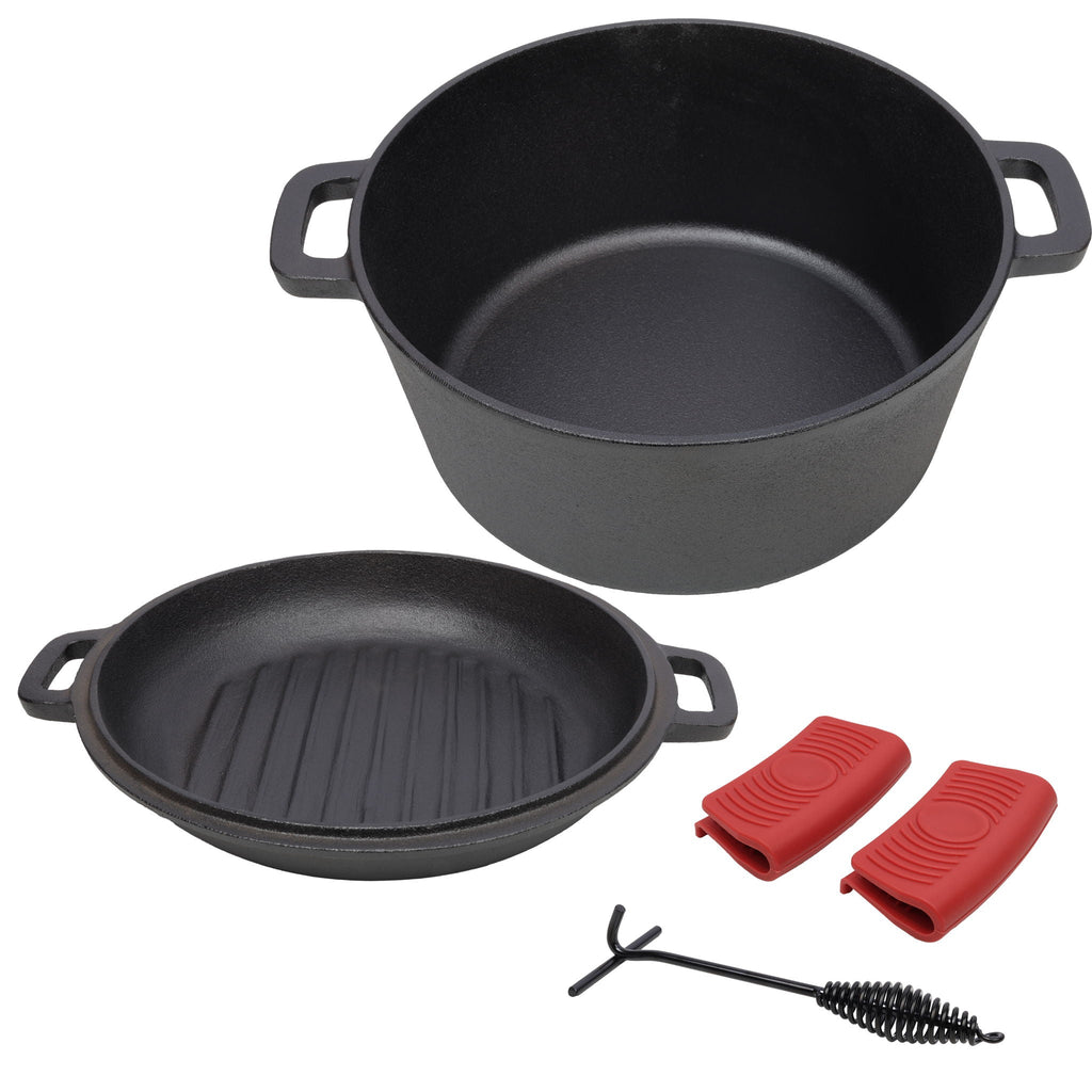 3 In 1 Pre-Seasoned Cast Iron Dutch Oven, 5 Quart with Silicone Handles