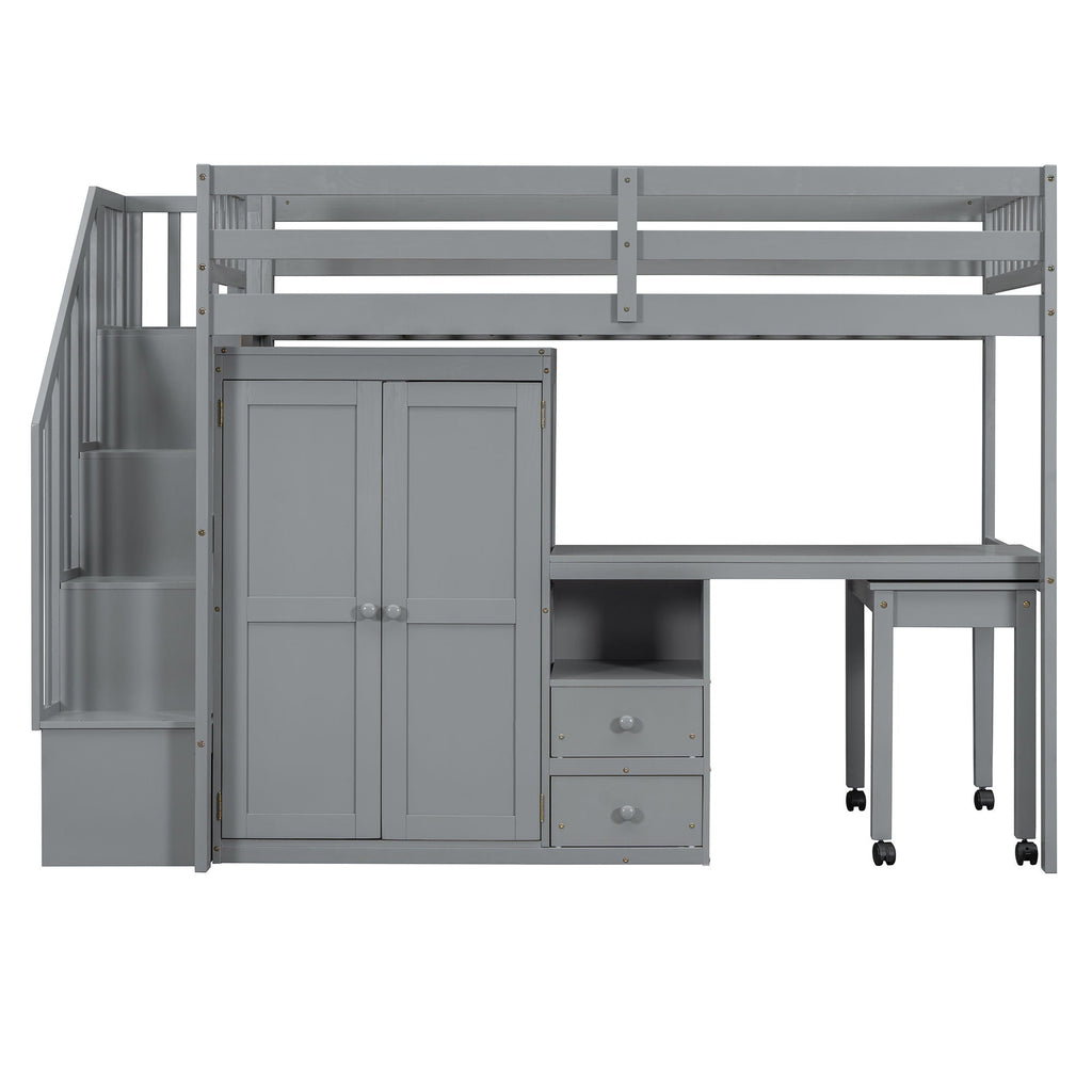 Loft Bed With Stairs, Bookshelf, Drawers, Desk & Wardrobe, Space Saving Multifunctional Furniture