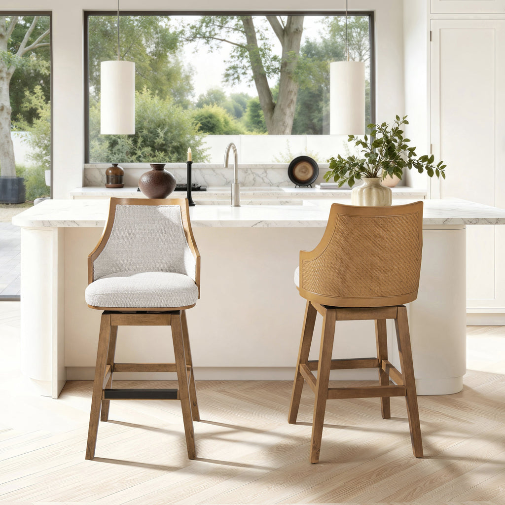 Bahama 30' Cane Rattan High-Back Swivel Bar Stool with Recessed Arms, Two-Tone Neutral Gray Polyester Wool Blend