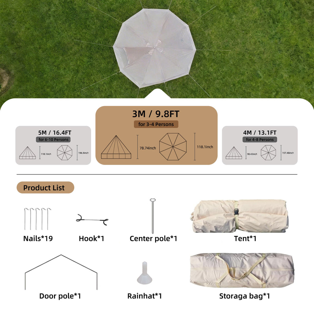 4 Season Bell Tent 9.8 FT Beige Waterproof Glamping Yurt Tent