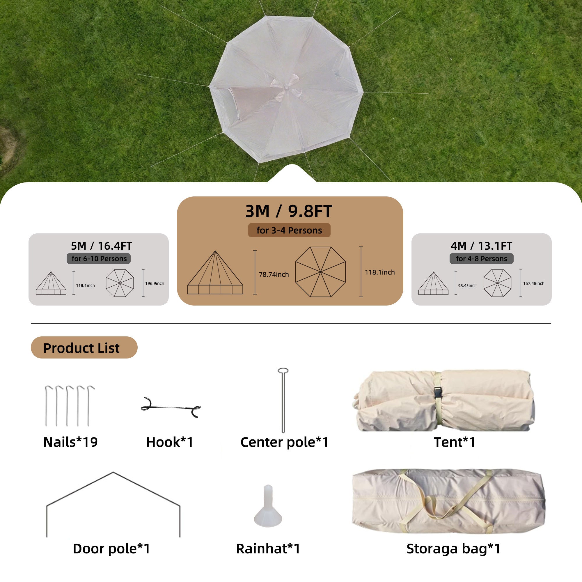 4 Season Bell Tent 9.8 FT Beige Waterproof Glamping Yurt Tent