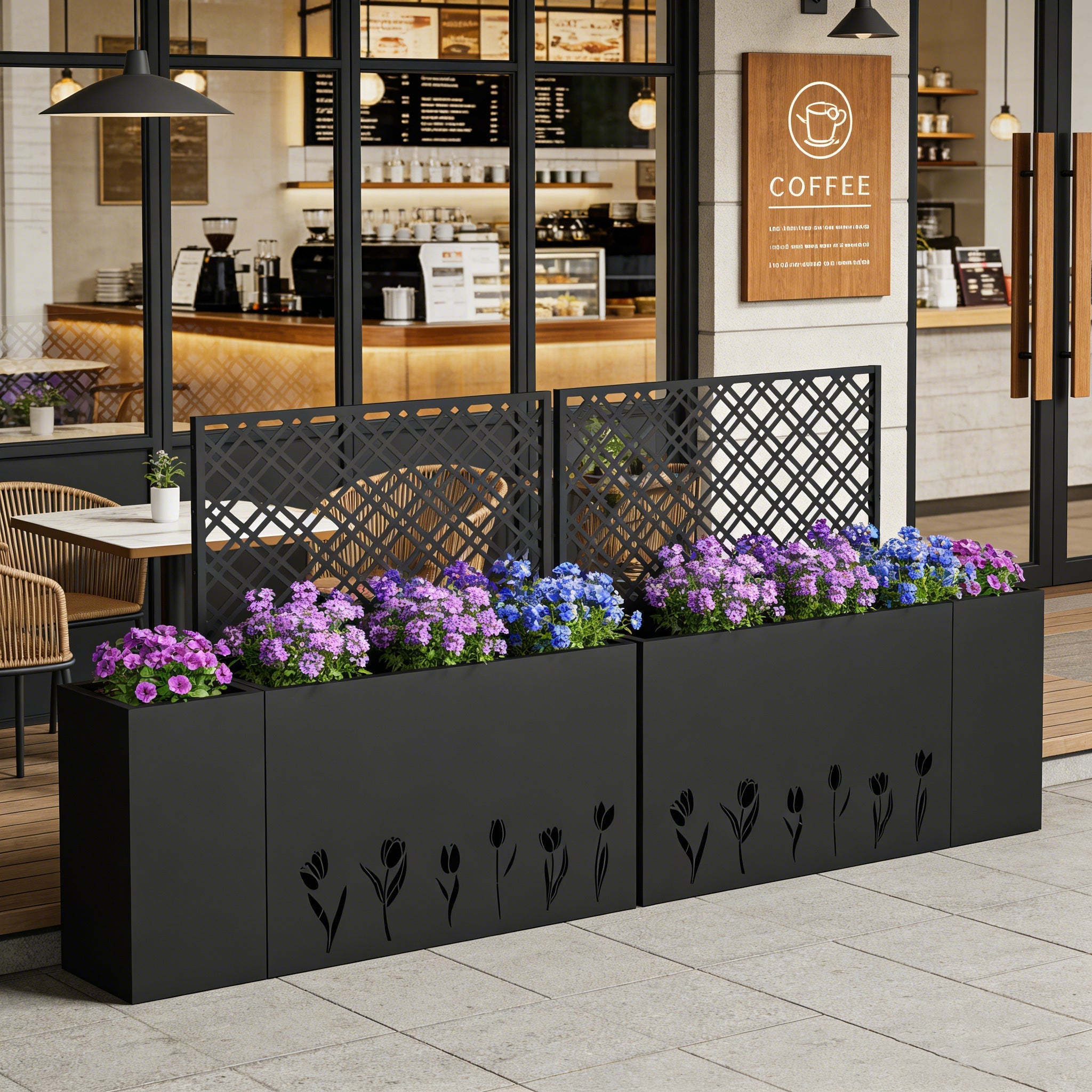 2-Piece Metal Planter Box with Trellis - Tulip Black