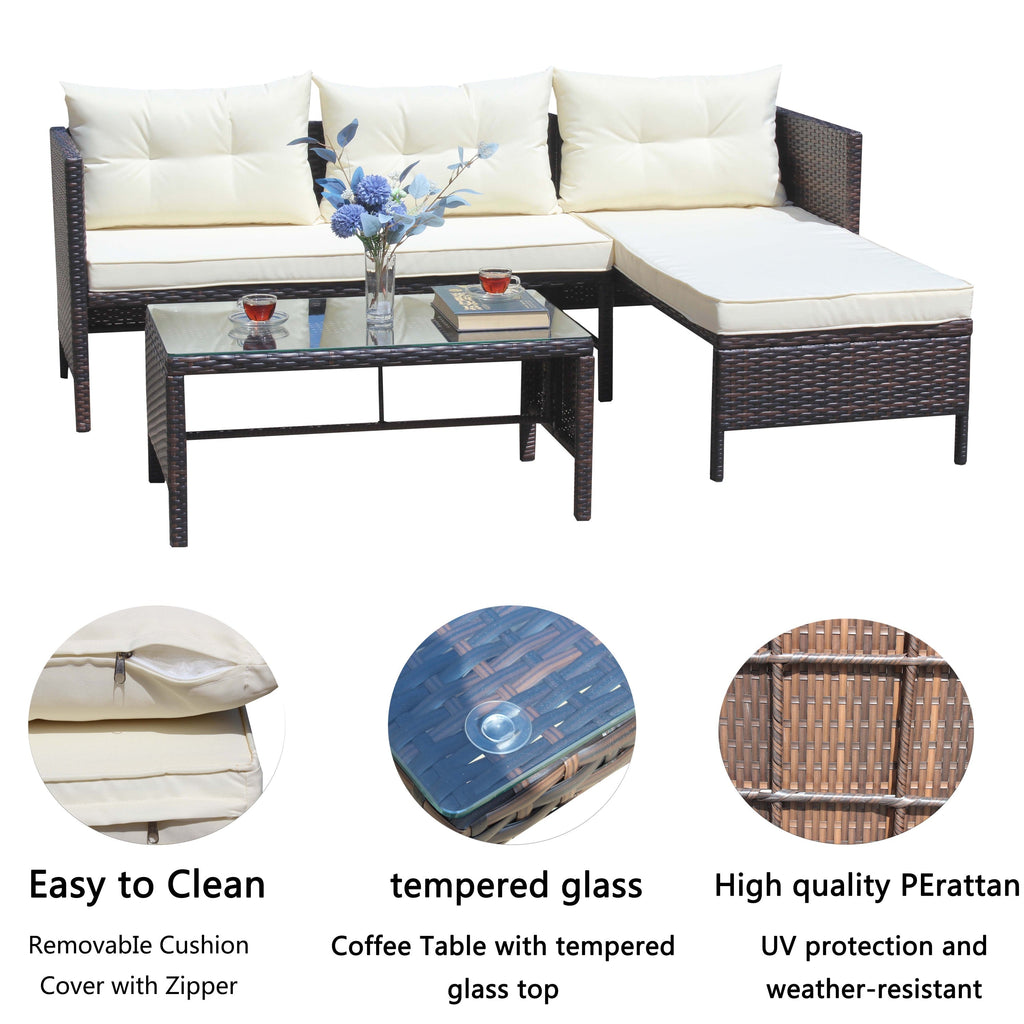 Outdoor Patio Furniture 3-Piece Conversation Set with Wicker Rattan Sectional Sofa