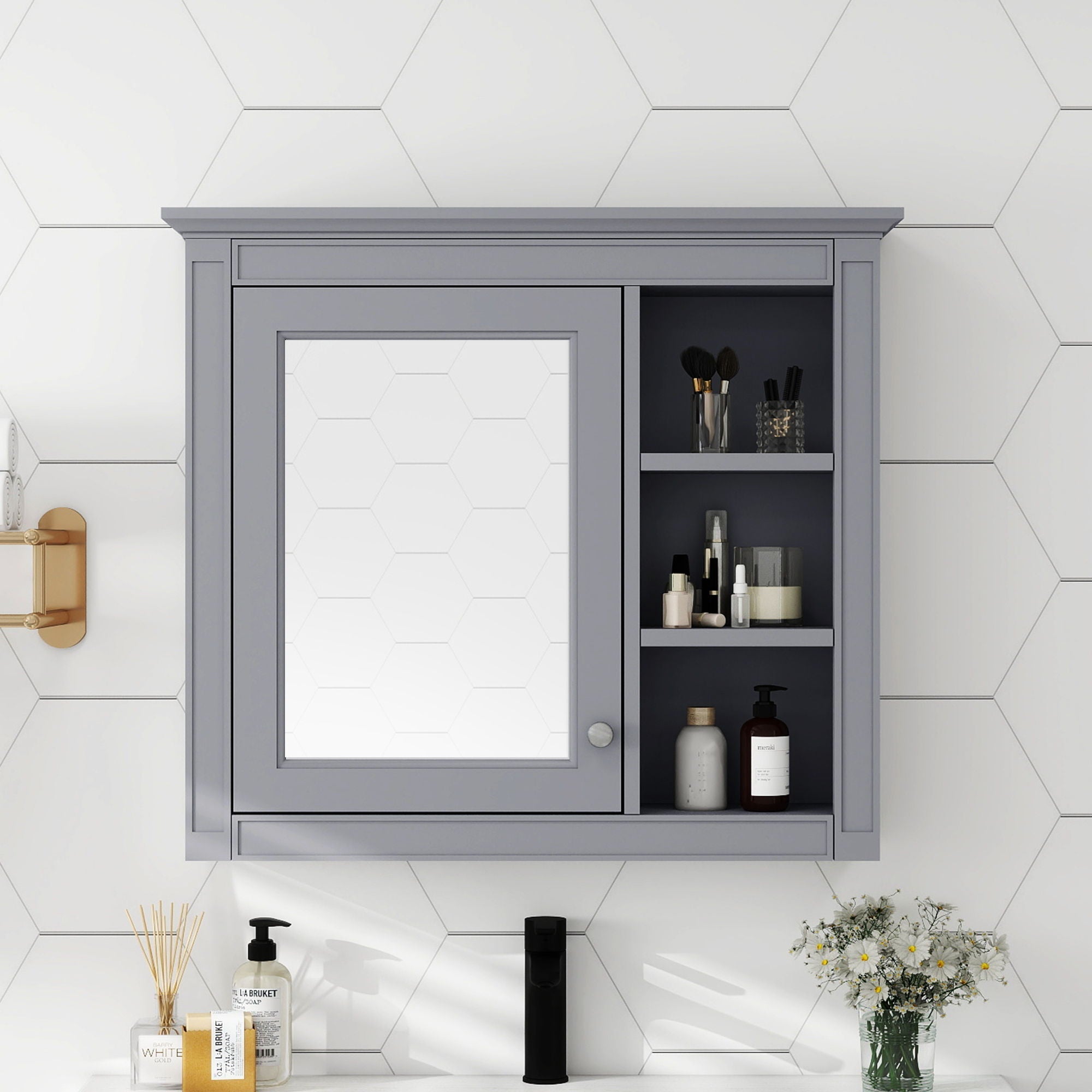 Wall Mounted Medicine Cabinet With Mirror and 3 Open Shelves