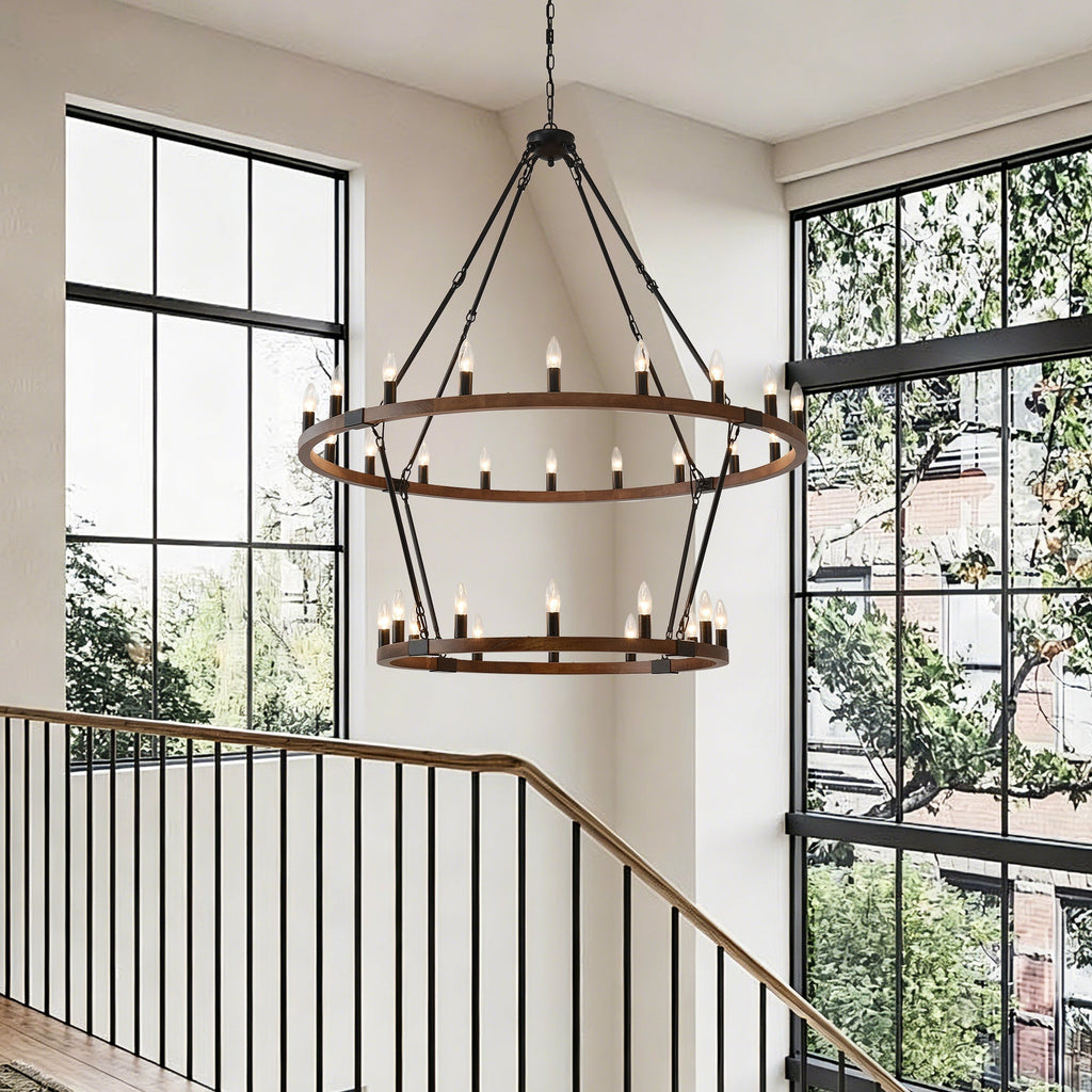 Large Solid Wood Wagon Wheel Chandelier, 2-Tier 32-Lights