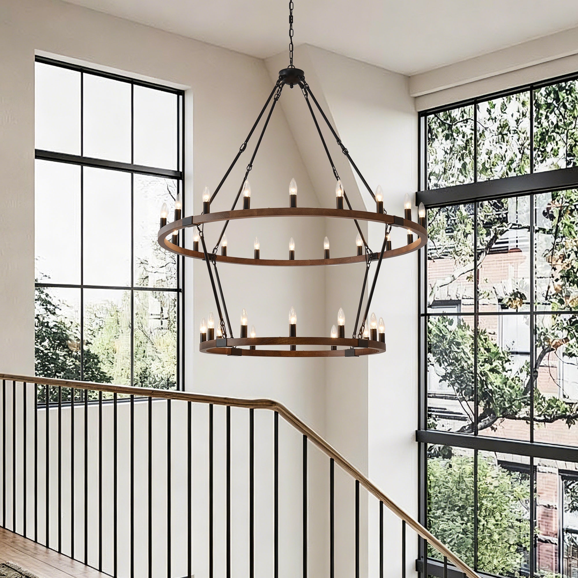 Large Solid Wood Wagon Wheel Chandelier, 2-Tier 32-Lights