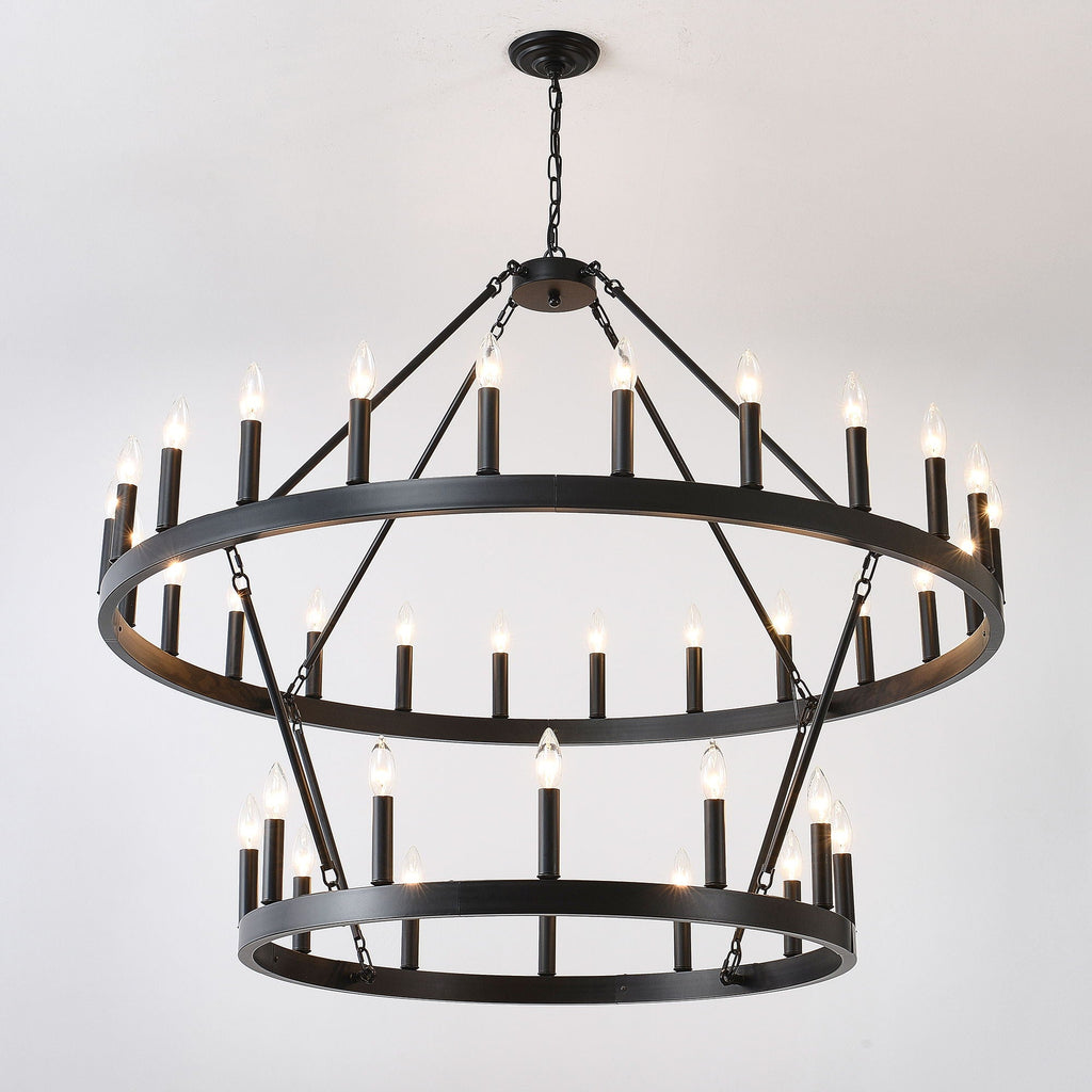 2 Tiers Wagon Wheel Chandelier Wooden Farmhouse 36 Light (24 / 12) Or (12 / 24) Metal Chandeliers 2 Story Light Fixtures Industrial For High Ceiling Living Dining Room Foyer, Adjustable Height - Black