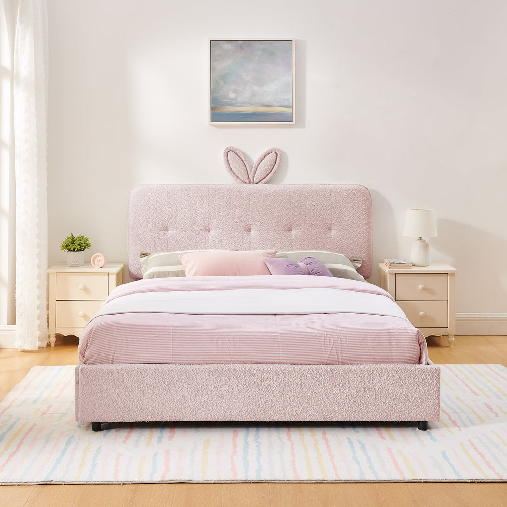 Queen Size Kids Upholstered Bed with Rabbit Ear Headboard & Storage