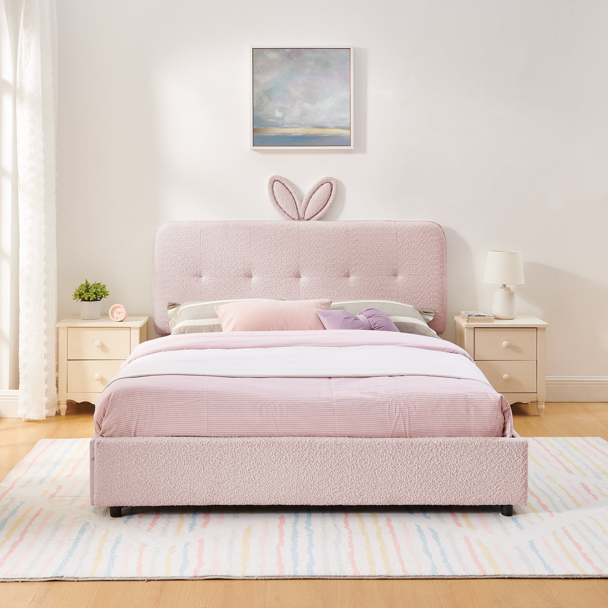 Queen Size Kids Upholstered Bed with Rabbit Ear Headboard & Storage