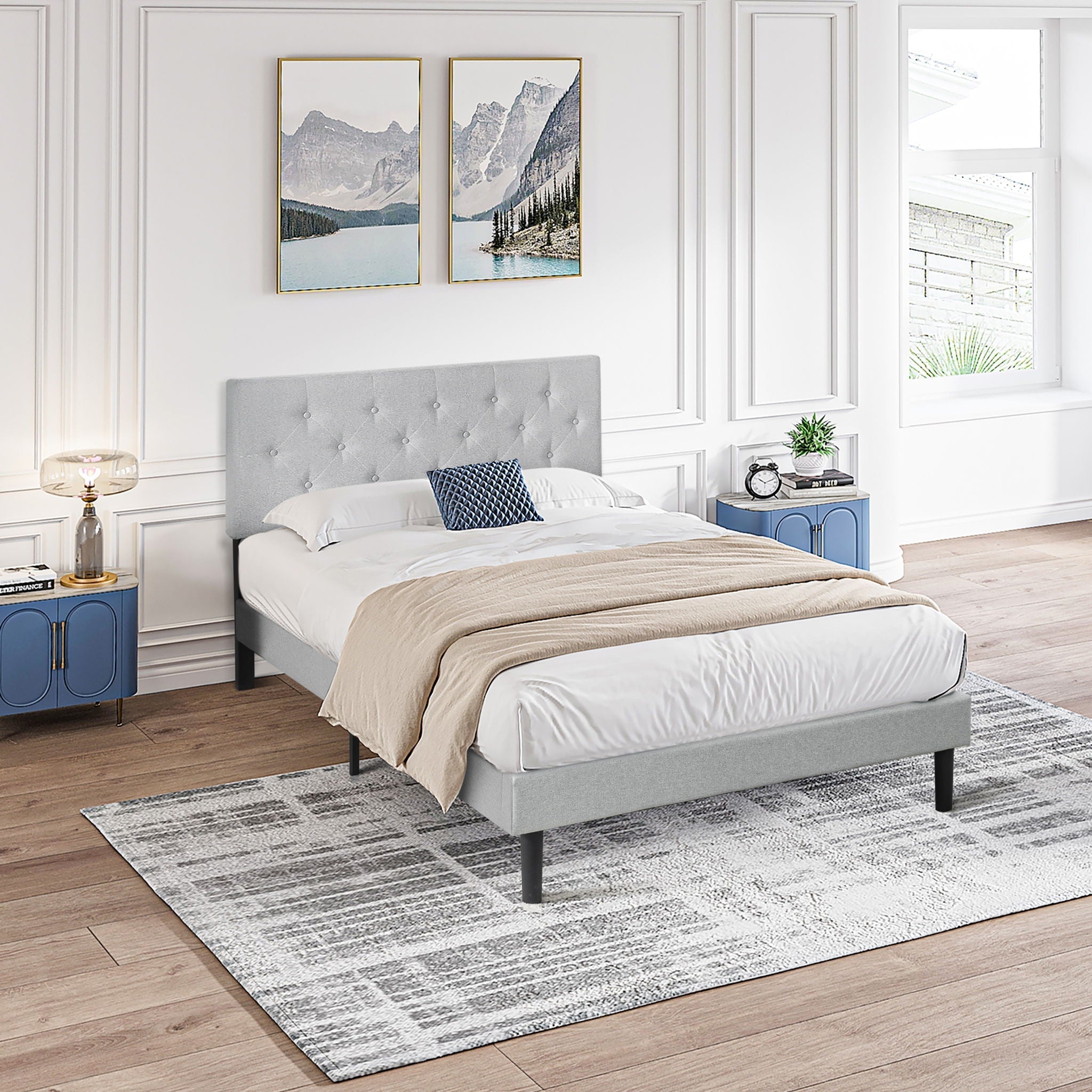 Modern Upholstered Platform Bed Frame With Button Tufted Fabric Headboard