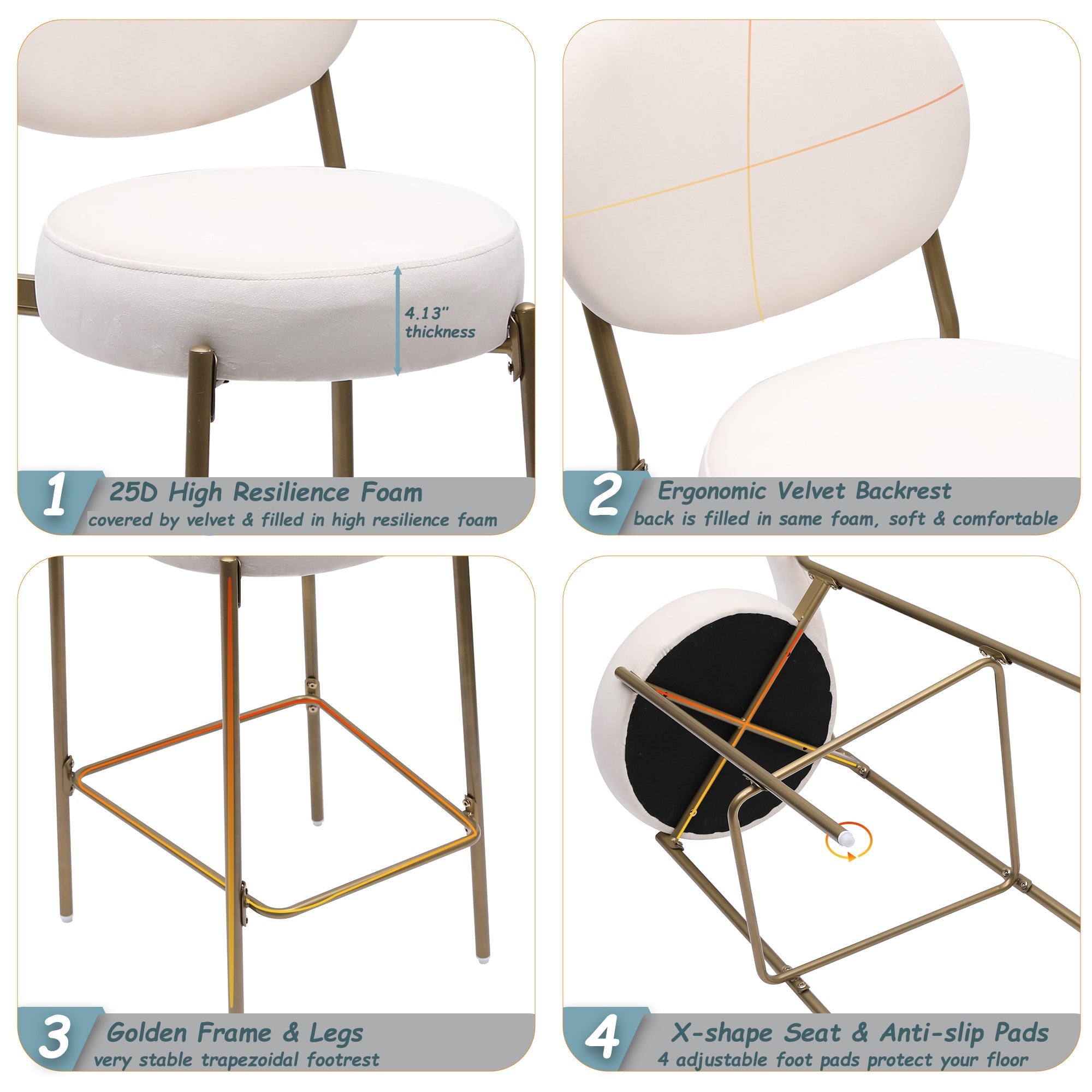 29'' Upholstered Velvet Bar Stools with Backrest & Footrest - Set of 2