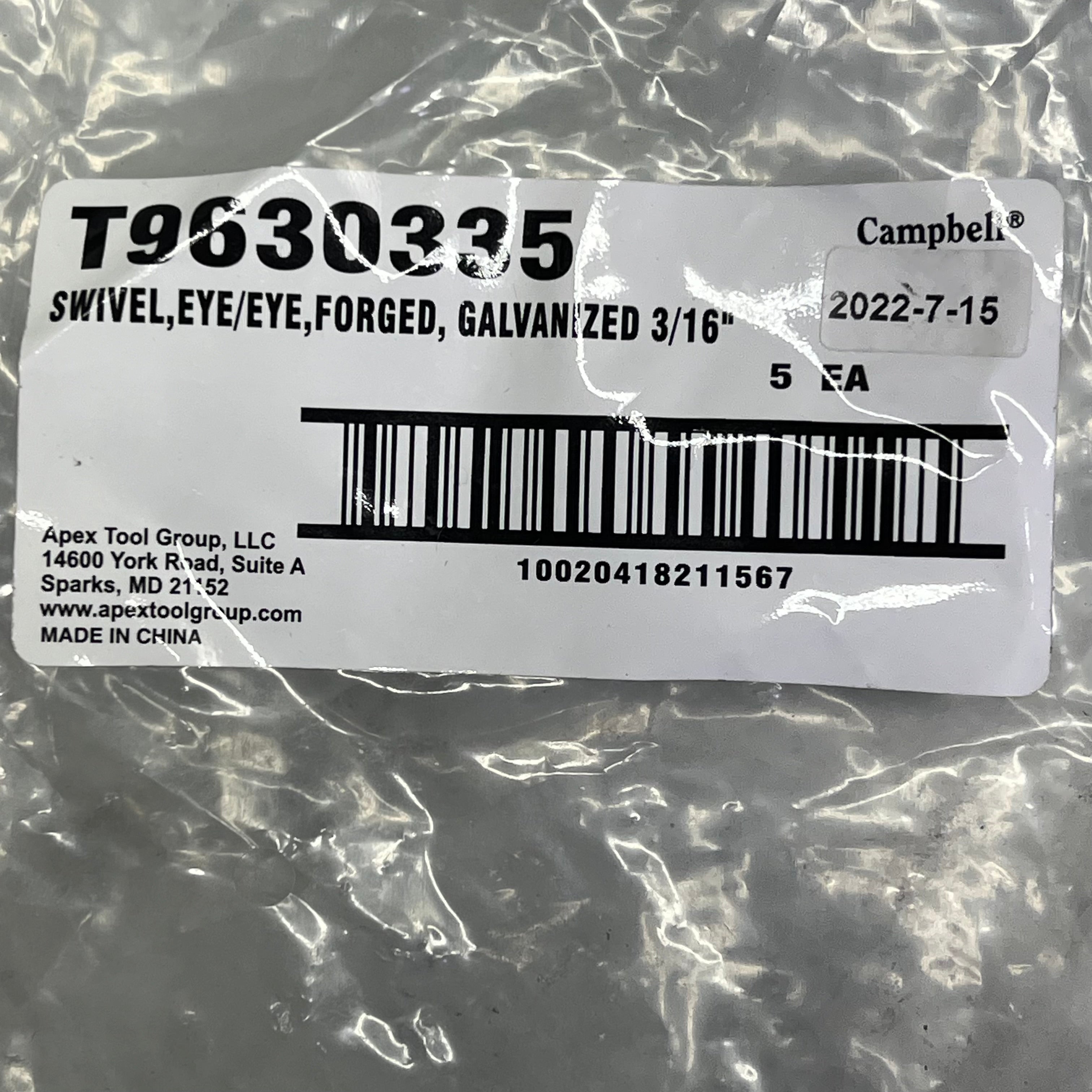 CAMPBELL (5 PACK) Galvanized Swivel Eye/Eye Forged 3/16" Chrome T9630335