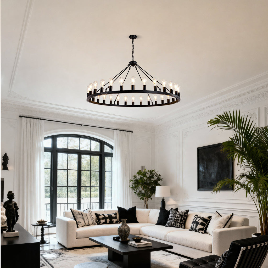 64 Inch Matte Black Wagon Wheel Chandelier With 30 Lights