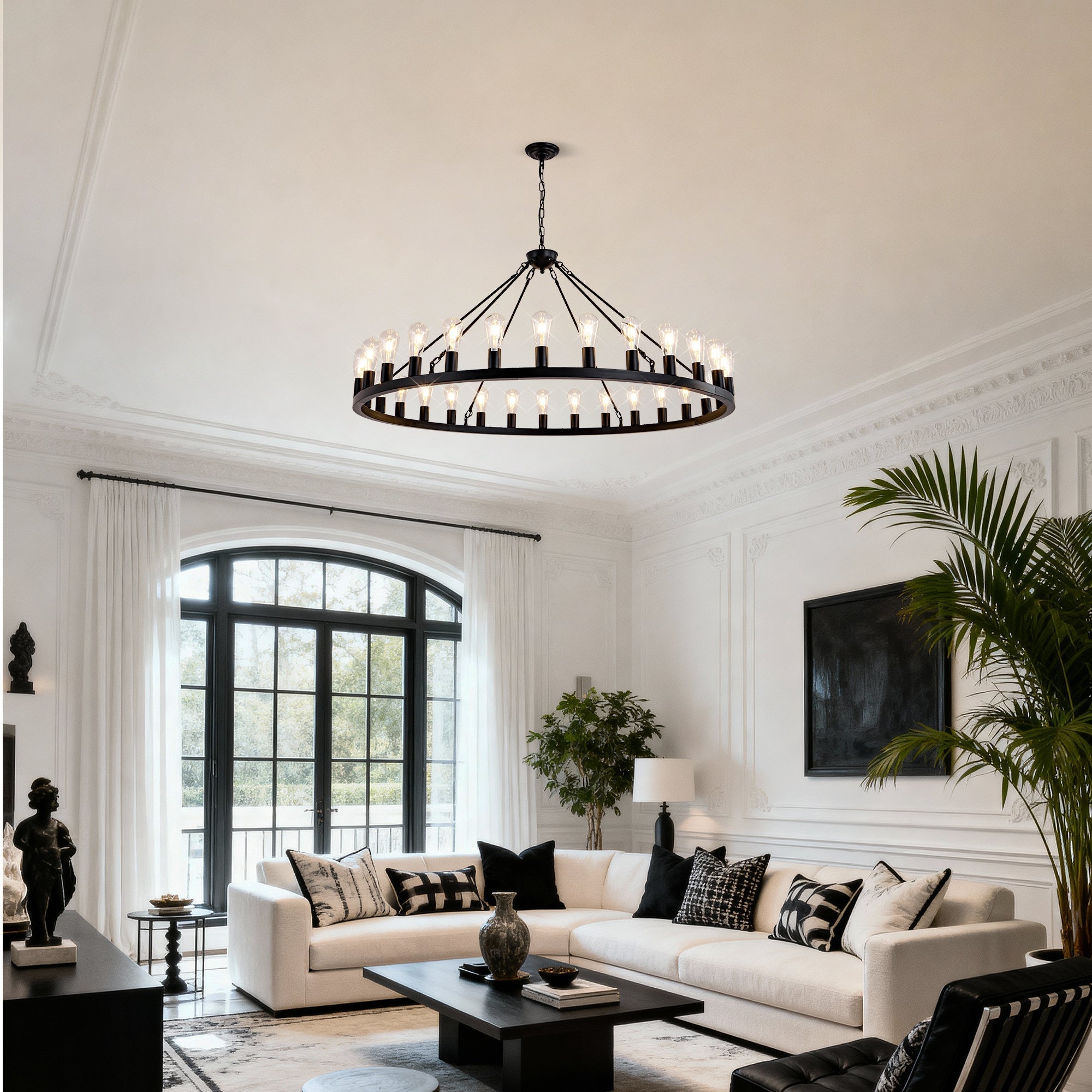 64 Inch Matte Black Wagon Wheel Chandelier With 30 Lights