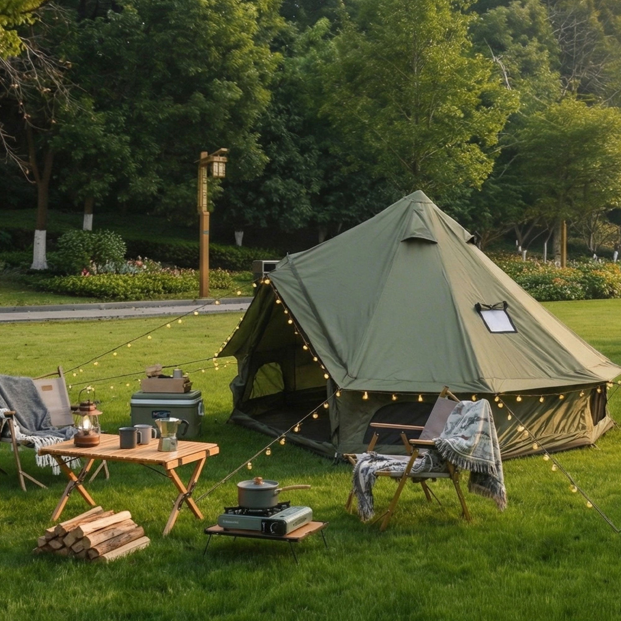 4 Season Bell Tent 9.8 FT Green Waterproof Glamping Tent