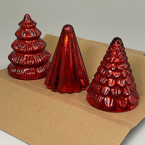 (Set of 3) Box Of Red Mercury Glass Lighted Christmas Trees