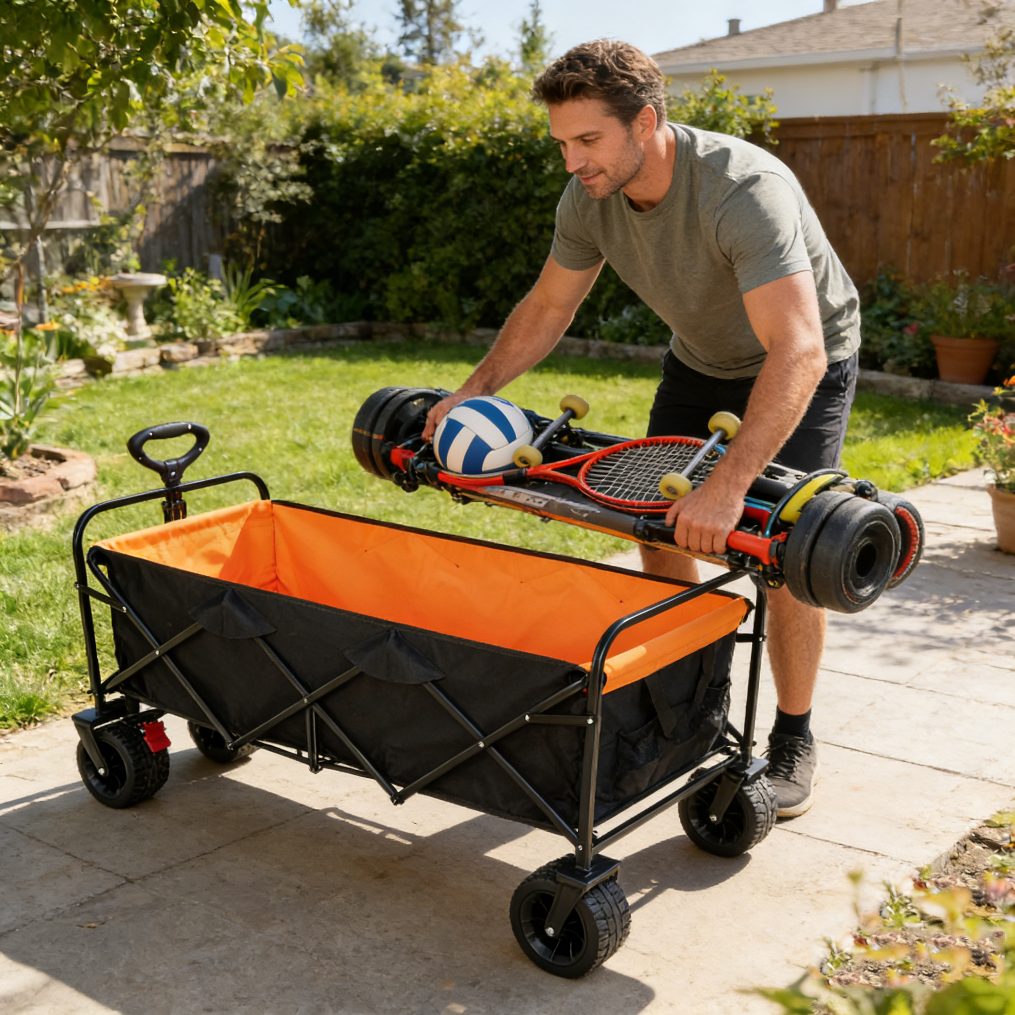 Big Large Capacity Folding Wagon Cart with Extender (Black + Orange)
