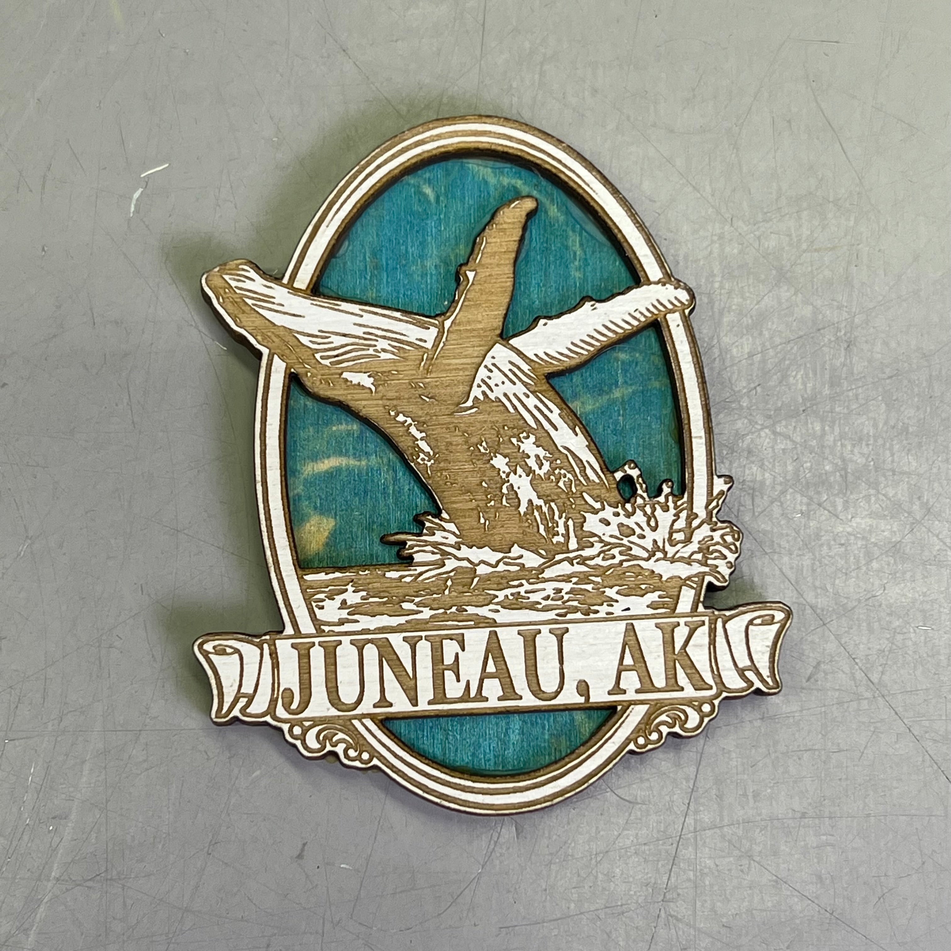 Z@ (2 PACK) Blue Whale Jump Laser Cut Wood Magnet Souvenir JUNEAU, AK Made In USA