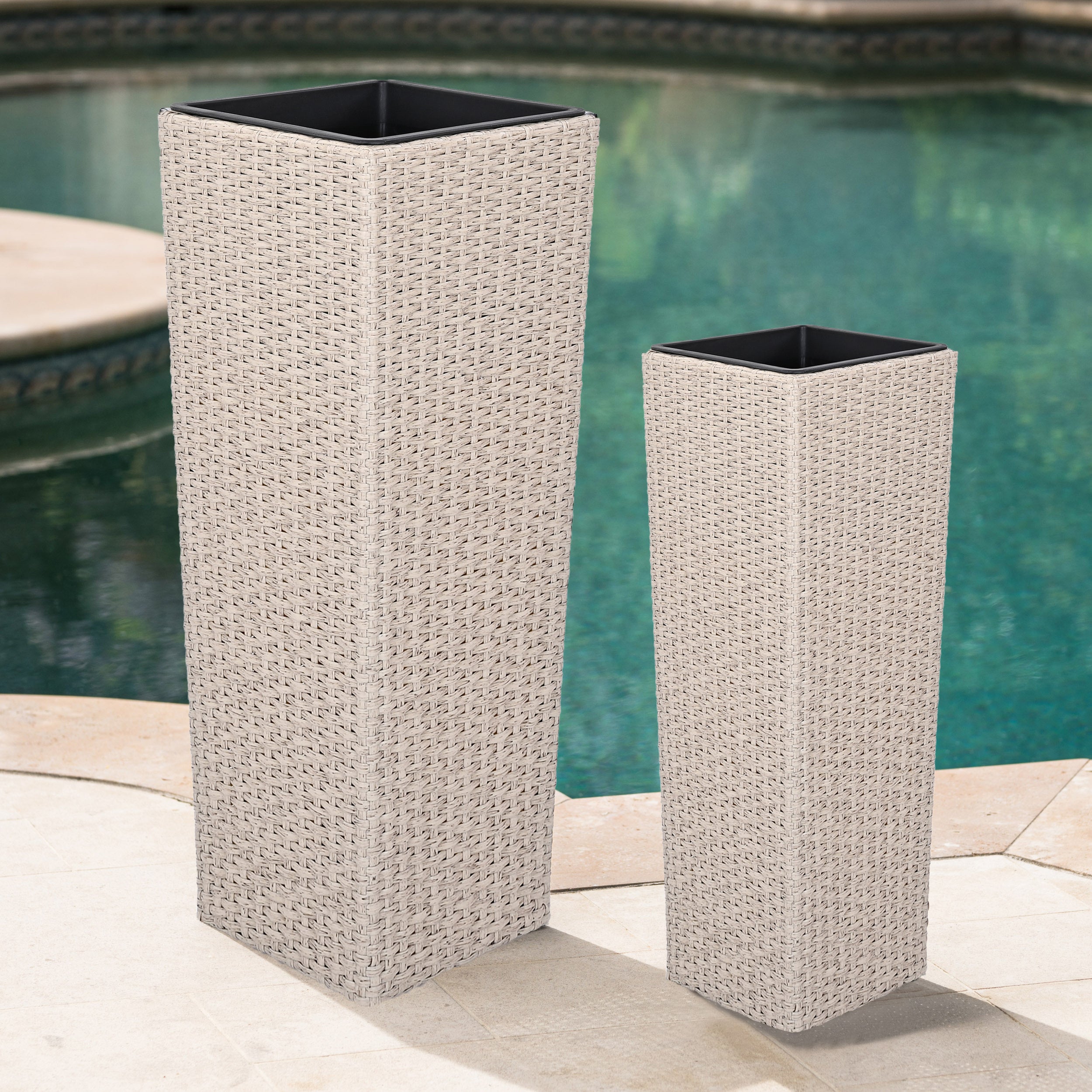 Outdoor PE Wicker Flower Pots, 2-Pcs Set, Beige
