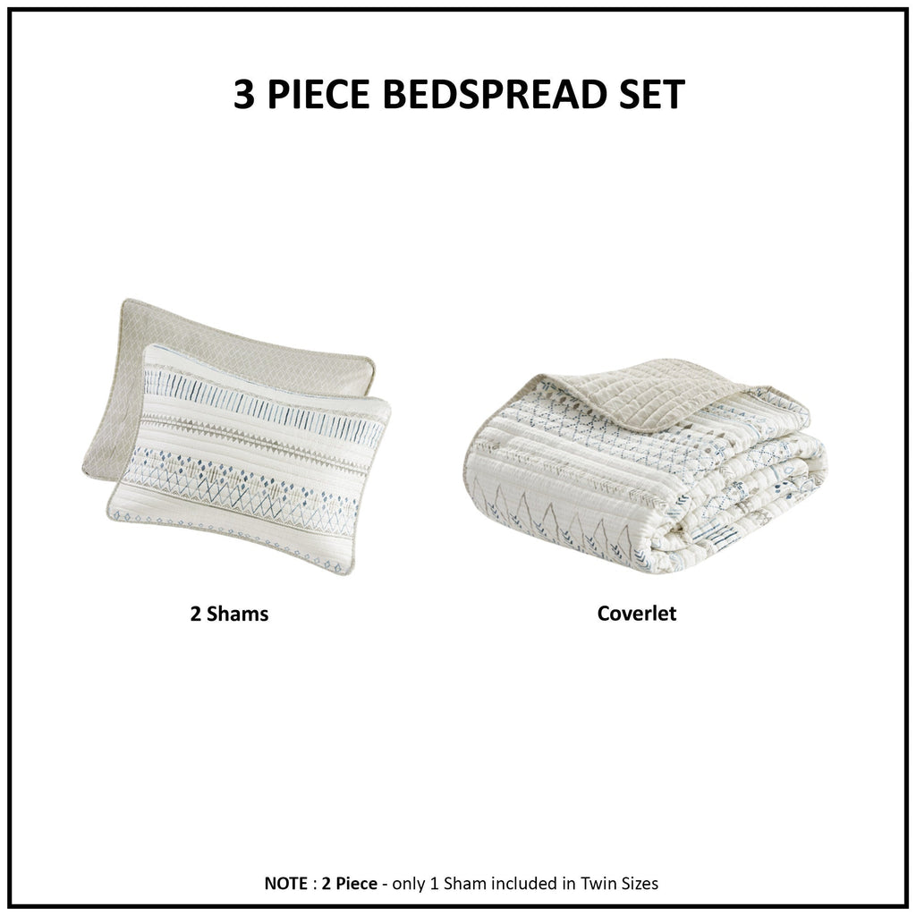 3 Piece Seersucker Quilt Set Taupe Blue King Cal King