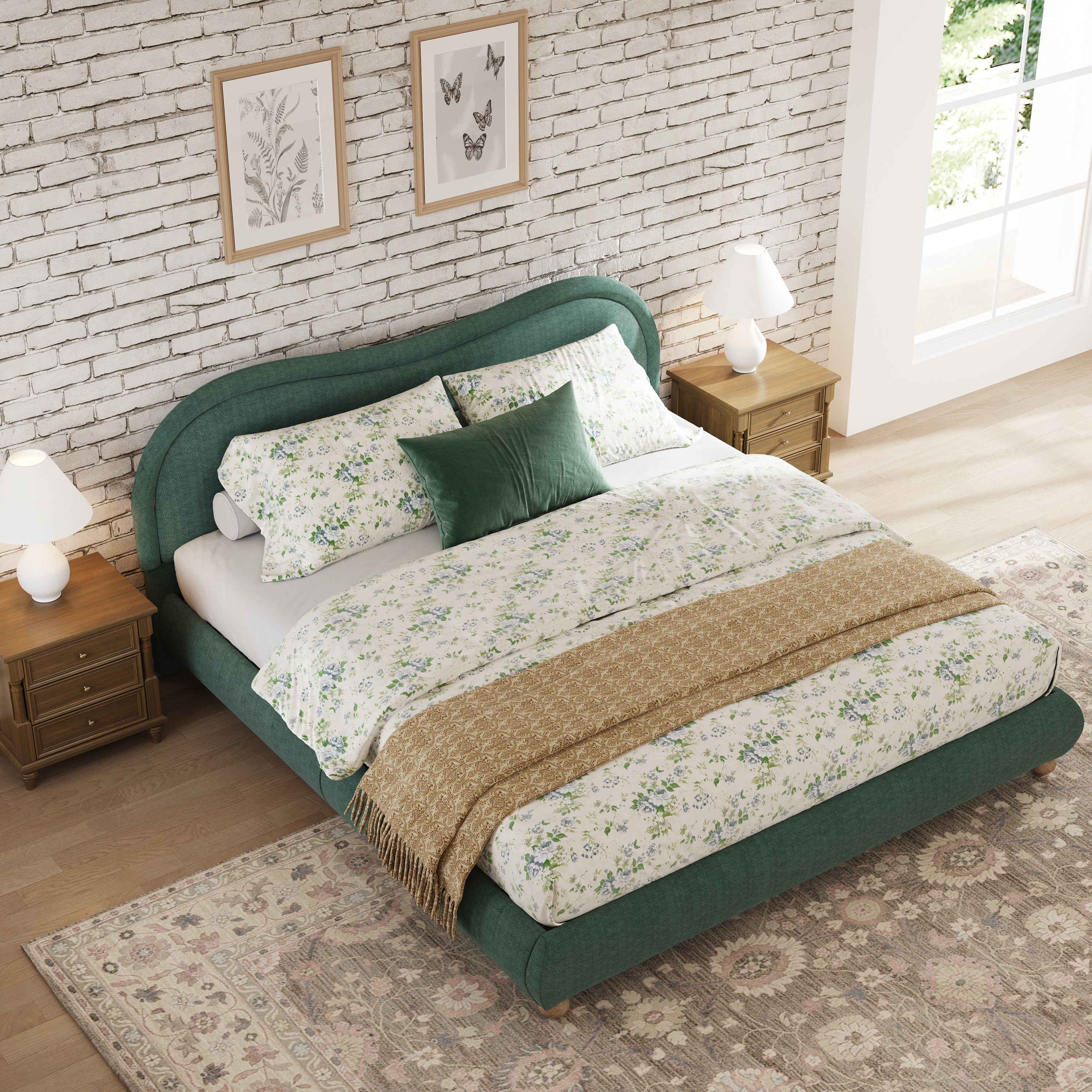 King Size Upholstered Platform Bed Frame with Rounded Corners