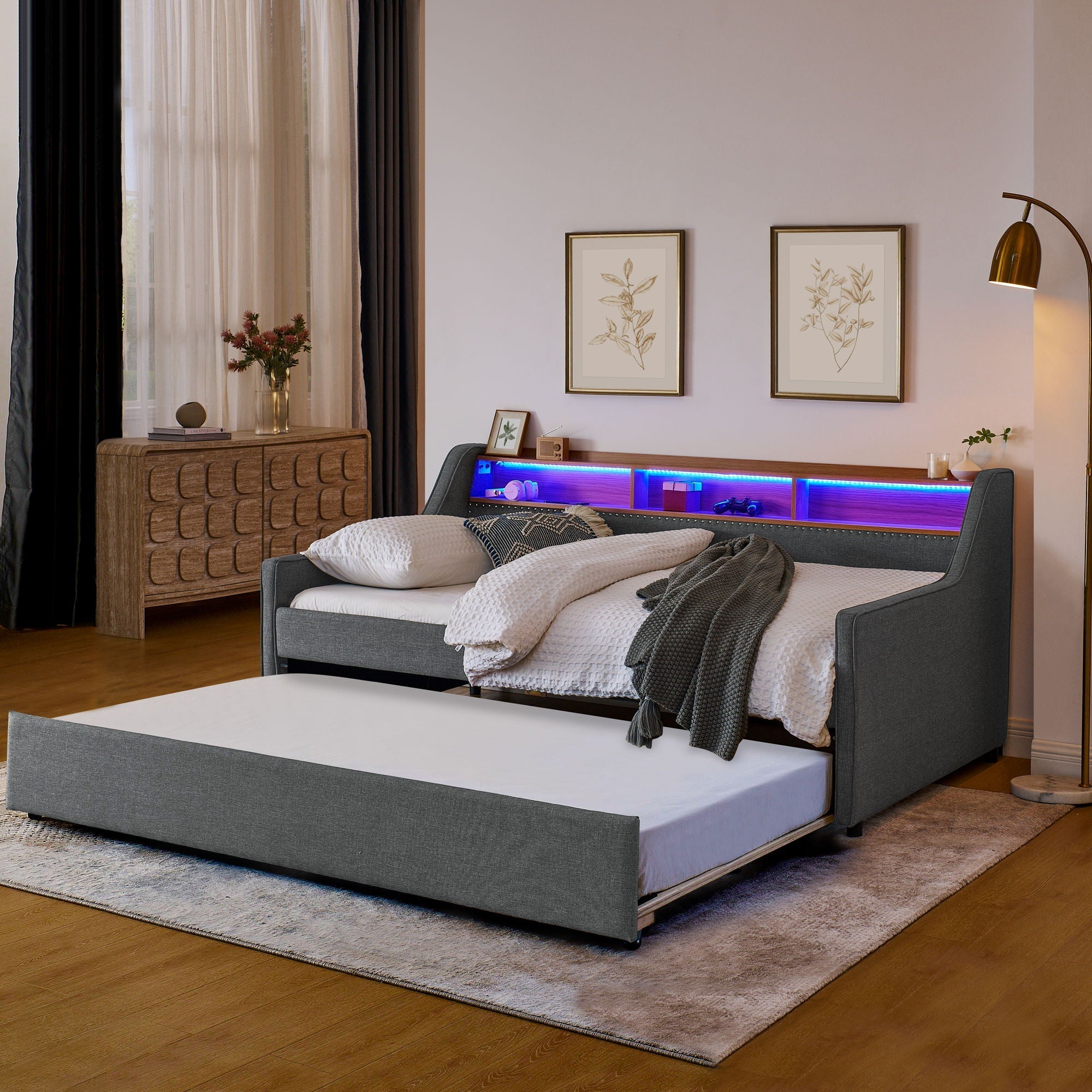 Upholstered Sofa Bed With LED Lights, Storage Headboard, Foldable Trundle & Wireless Charging