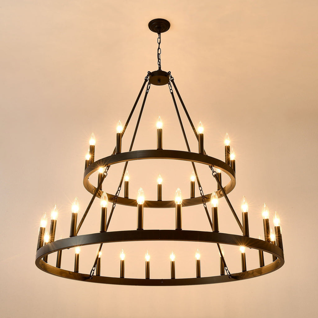 2 Tiers Wagon Wheel Chandelier Wooden Farmhouse 36 Light (24 / 12) Or (12 / 24) Metal Chandeliers 2 Story Light Fixtures Industrial For High Ceiling Living Dining Room Foyer, Adjustable Height - Black