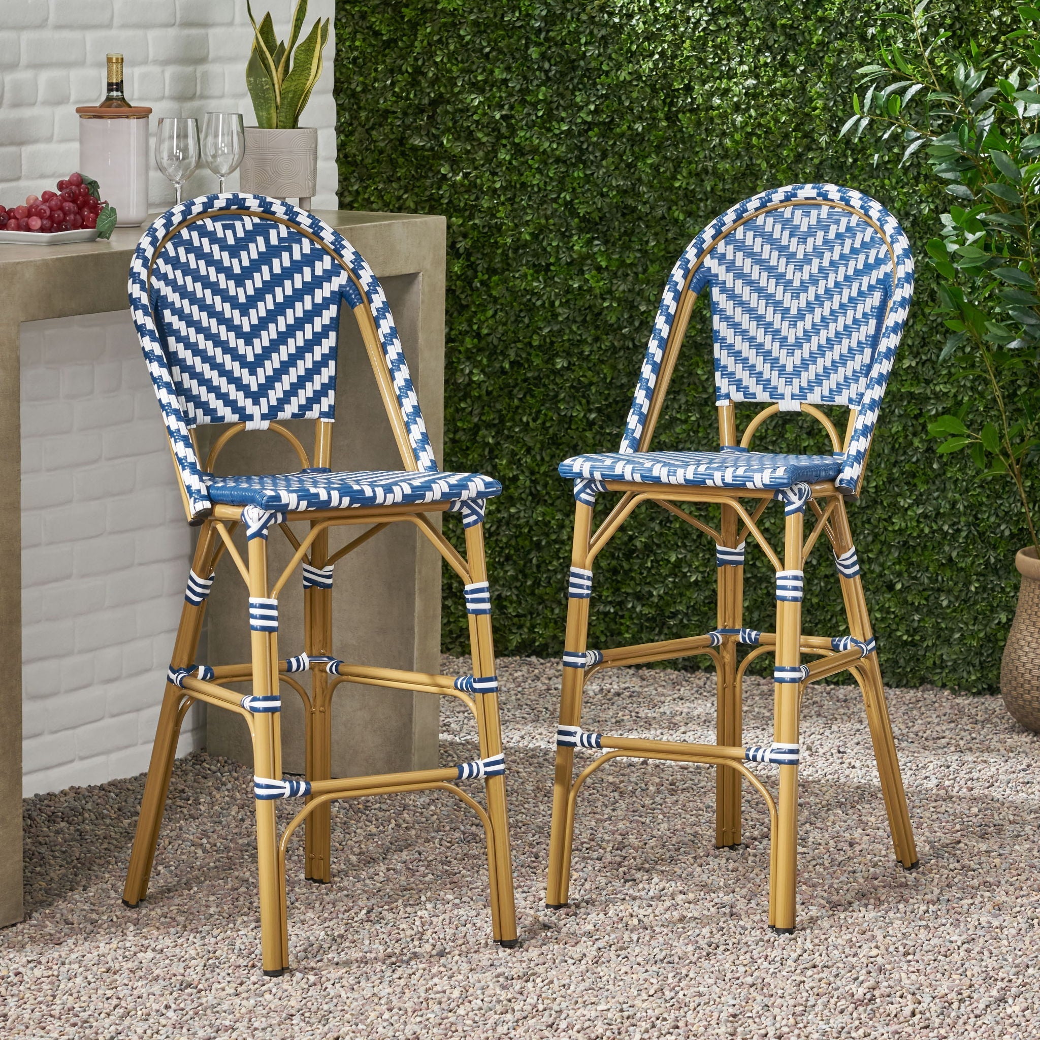 Outdoor Rattan French Barstool Set - Navy Blue & White