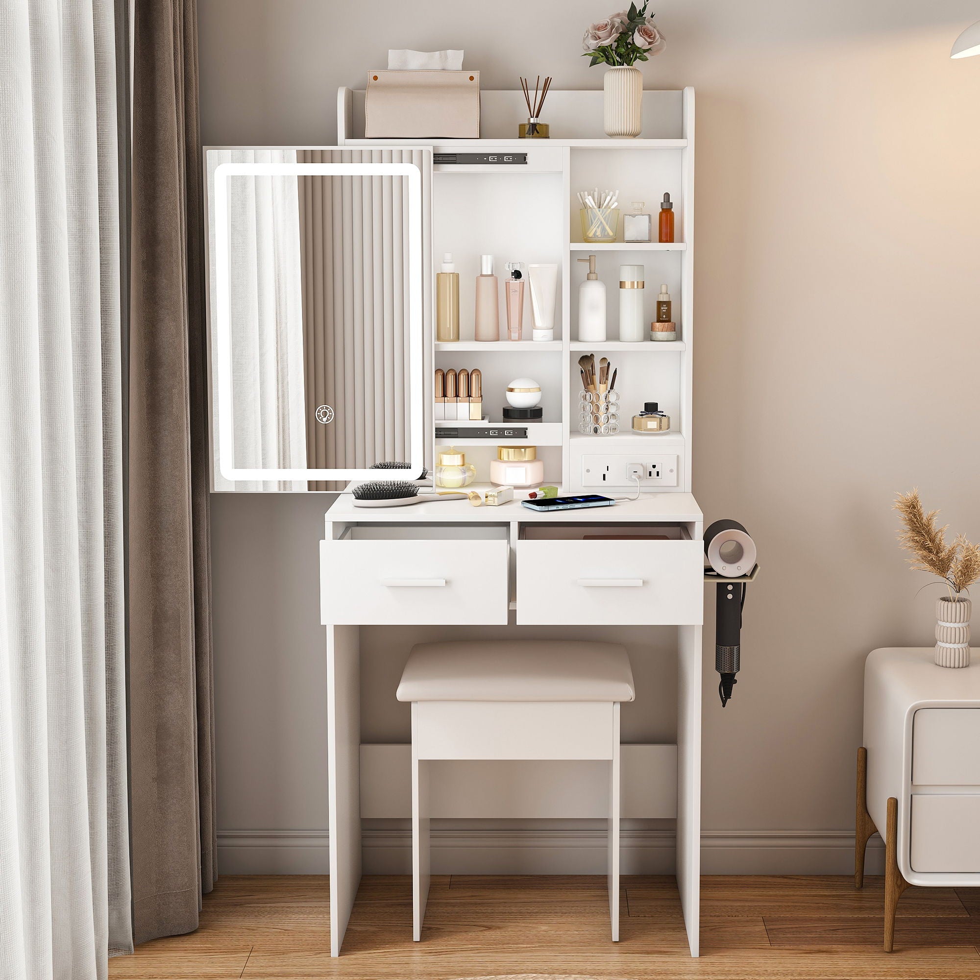 Space Saving Makeup Vanity Desk With Mirror & Adjustable LED Lights