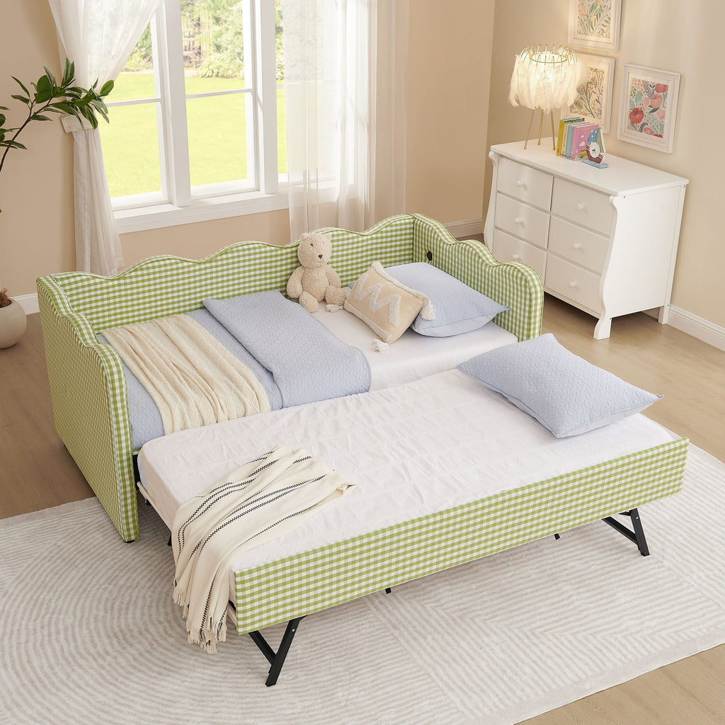 Gingham Daybed With USB Charging Port, Wave-Shaped Design