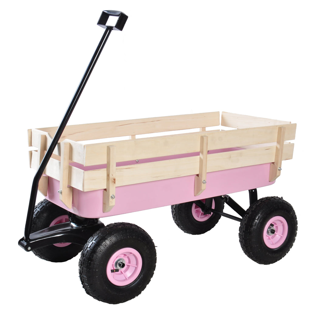Outdoor All Terrain Garden Wagon with Wooden Railings and Pneumatic Tires