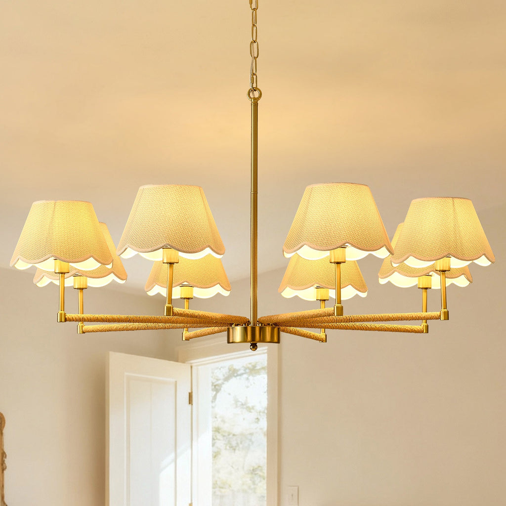 8-Light Rope and Fabric Shade Gold Chandelier